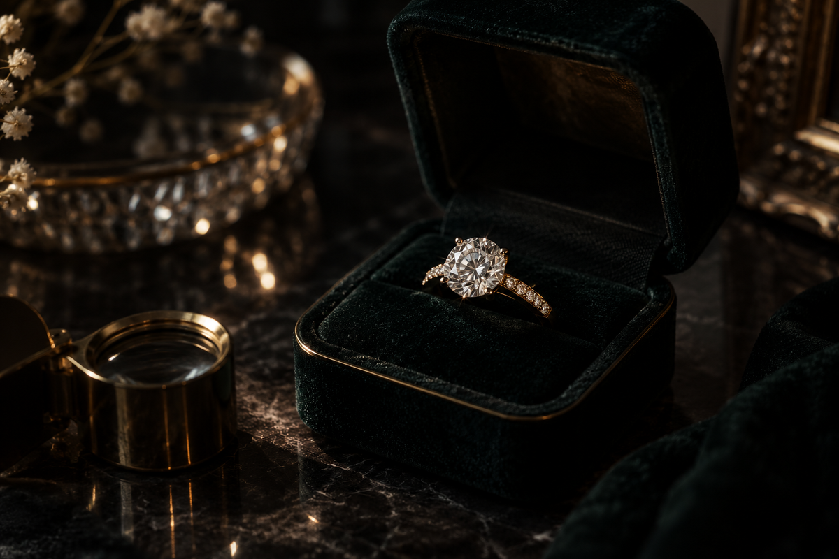 Dark aesthetic diamond ring in an open velvet jewelry box on a reflective surface.