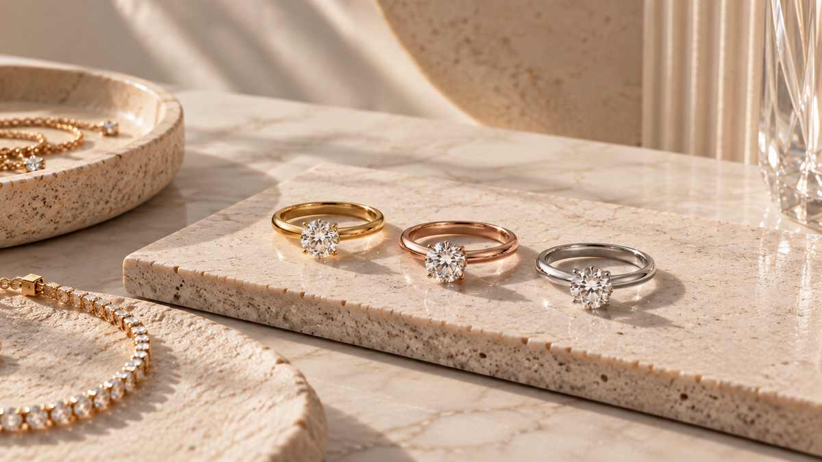 Diamond rings in yellow gold, rose gold and white gold displayed on a marble surface.