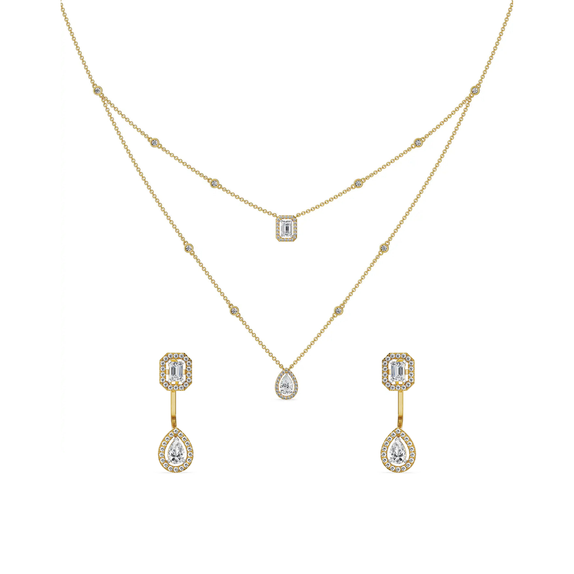 Layered Halo Solitaire Lab Grown Diamond Necklace Set - front view