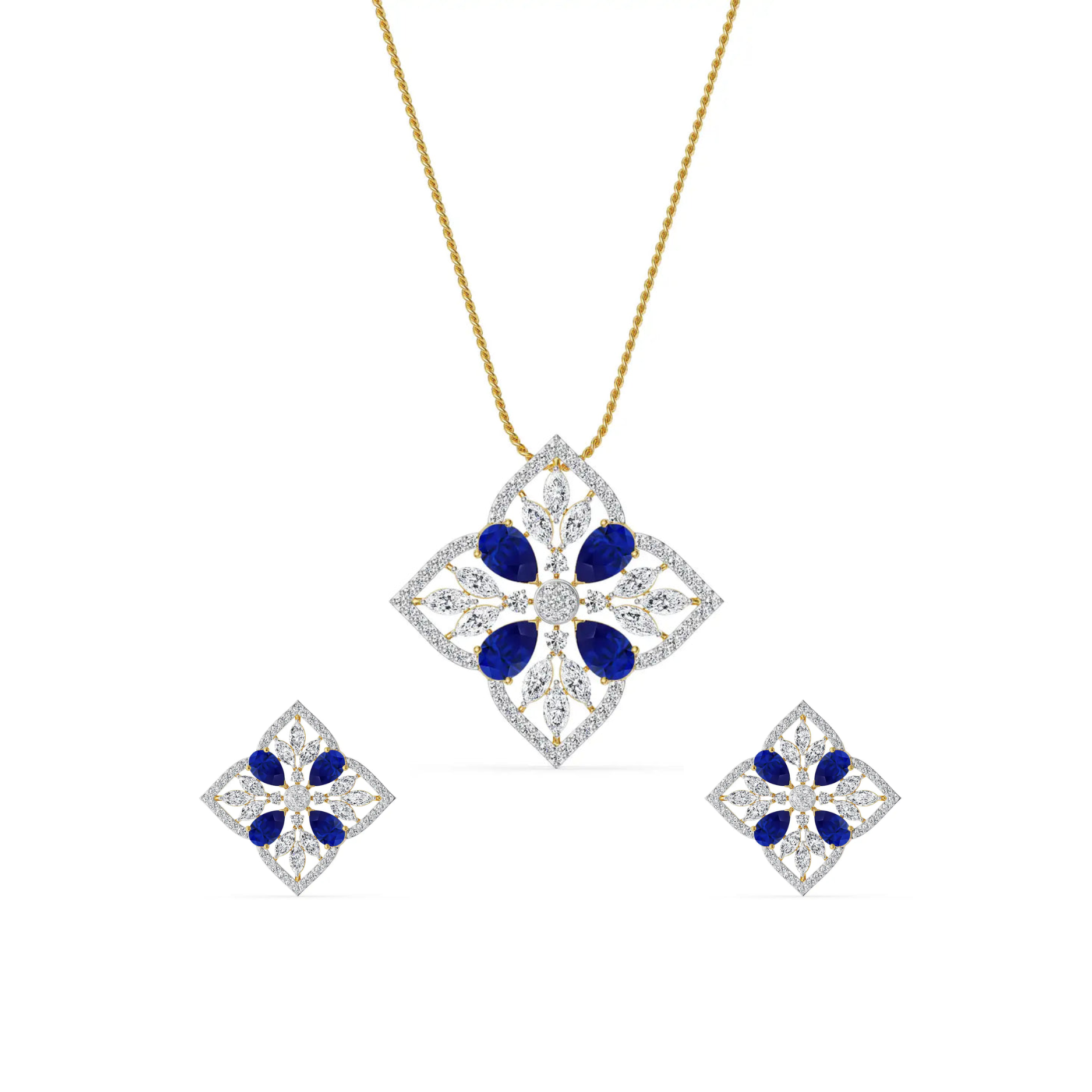 Blue Sapphire Lab Diamond Glamour Pendant Set - front view in 9KT