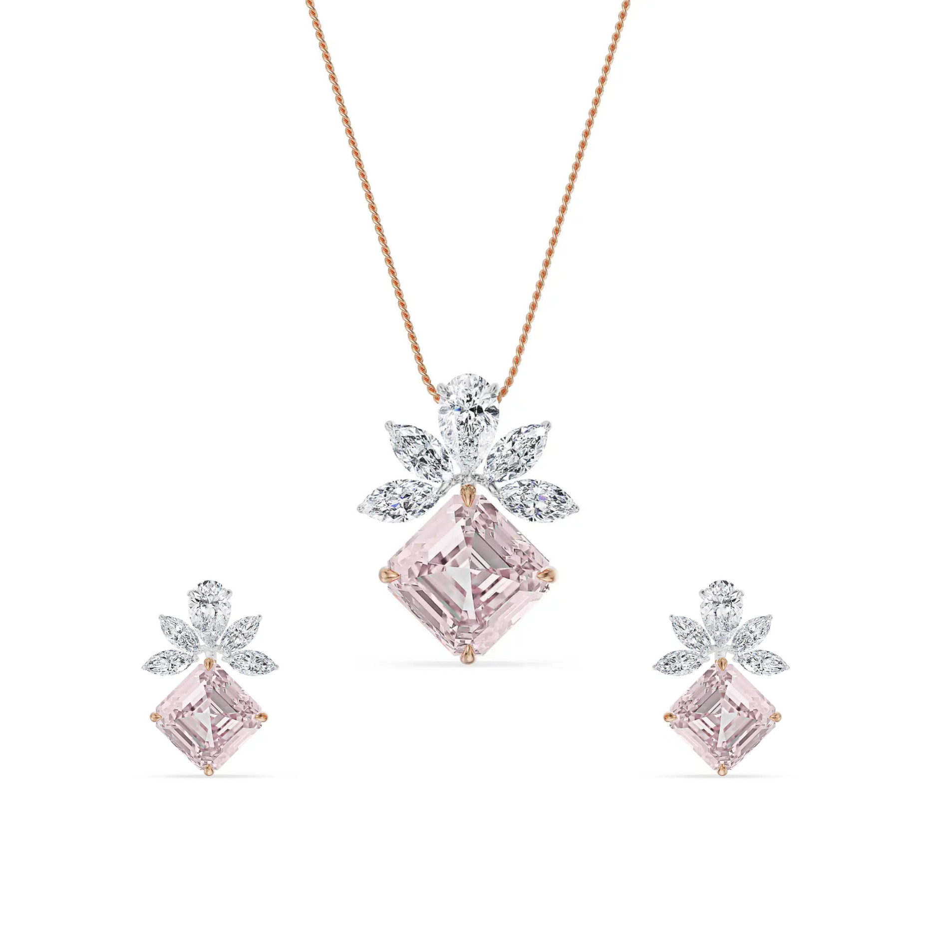 Floral Pink Lab Grown Diamond Pendant Set - front view