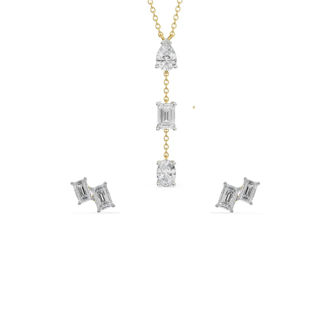 Emerald Tri Lab Diamond Necklace Set - front view in 9KT