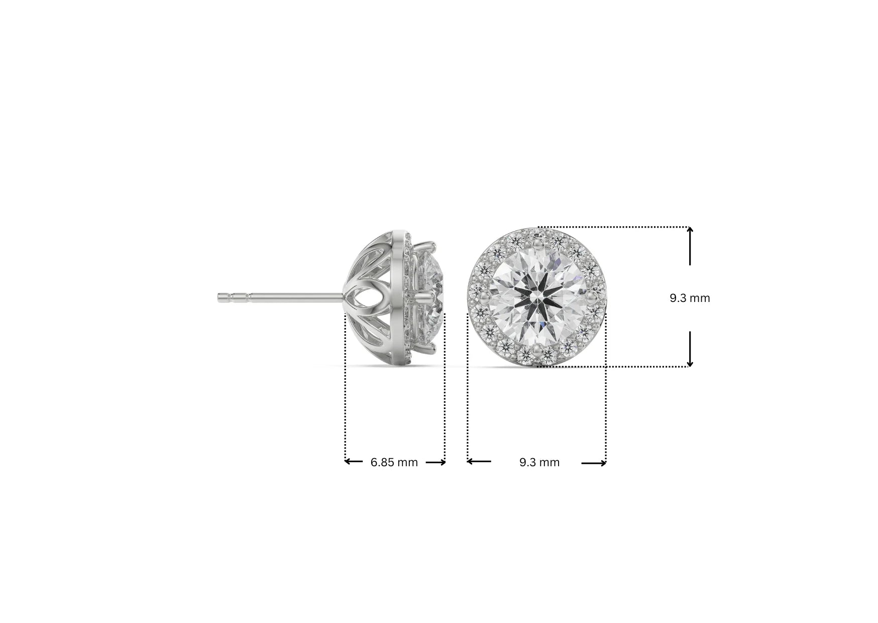 Dimension Guide for 1 CT Halo Lab Grown Diamond Solitaire Studs