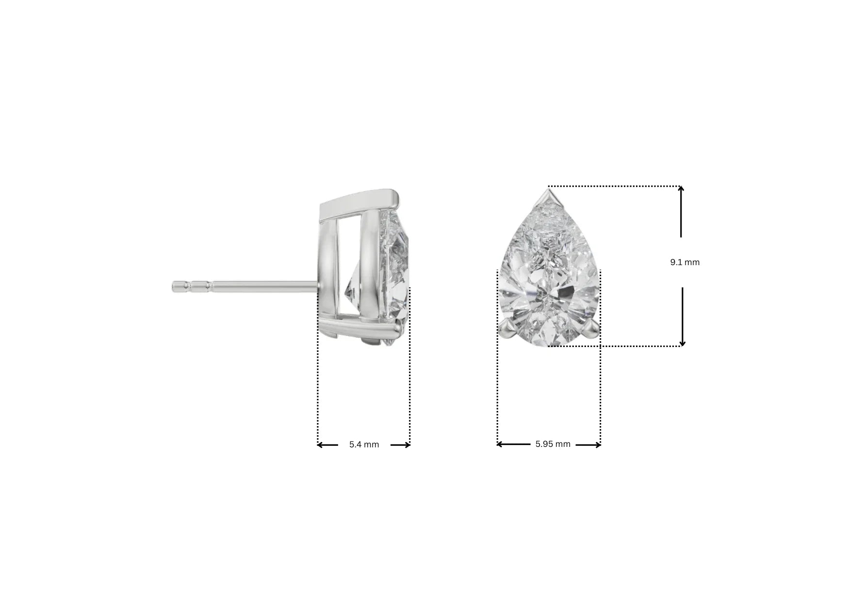 Dimension Guide for 1 CT Lab Grown Diamond Solitaire Pear Studs