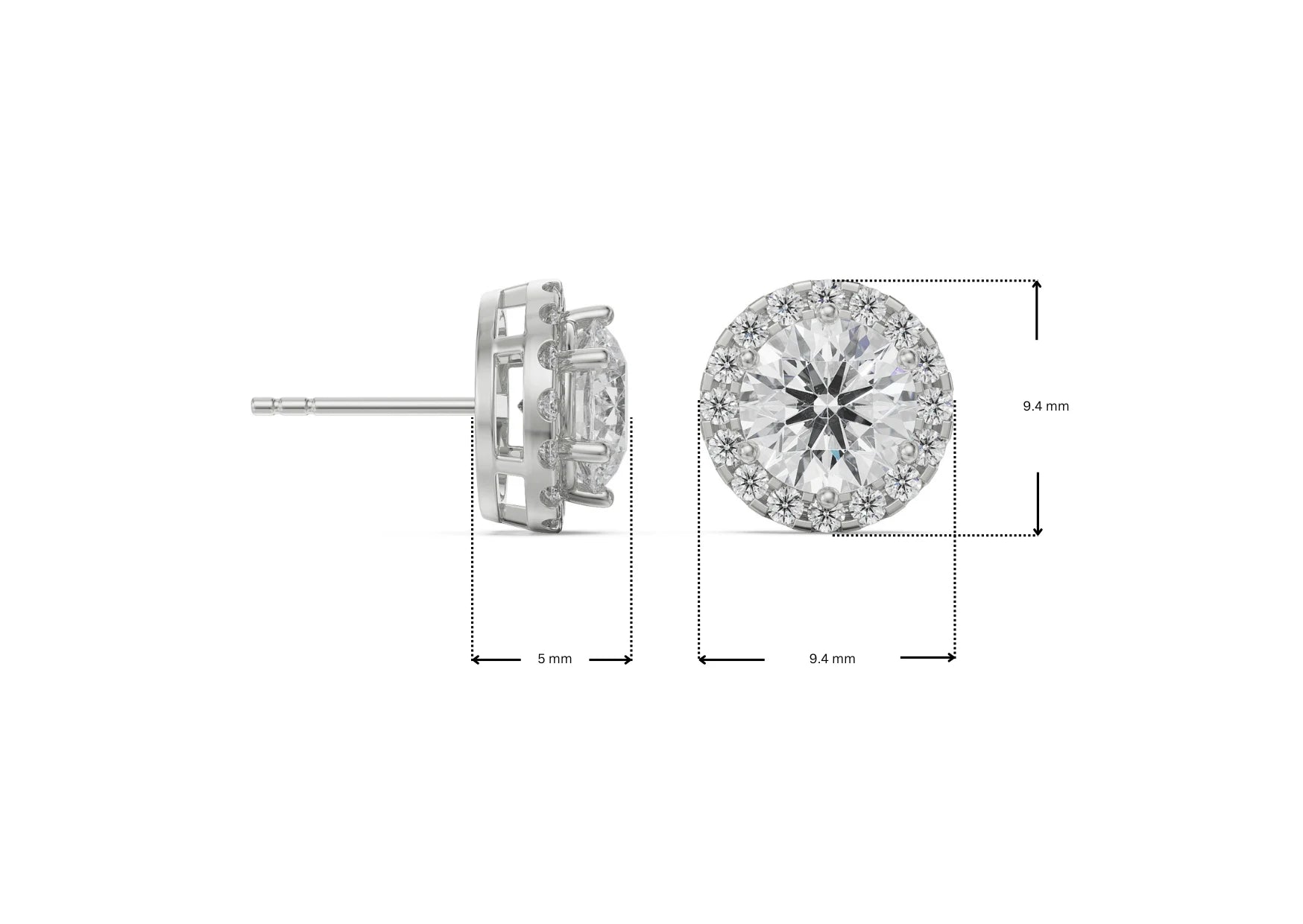 Dimension Guide for 1 CT Halo Lab Grown Diamond Solitaire Earrings