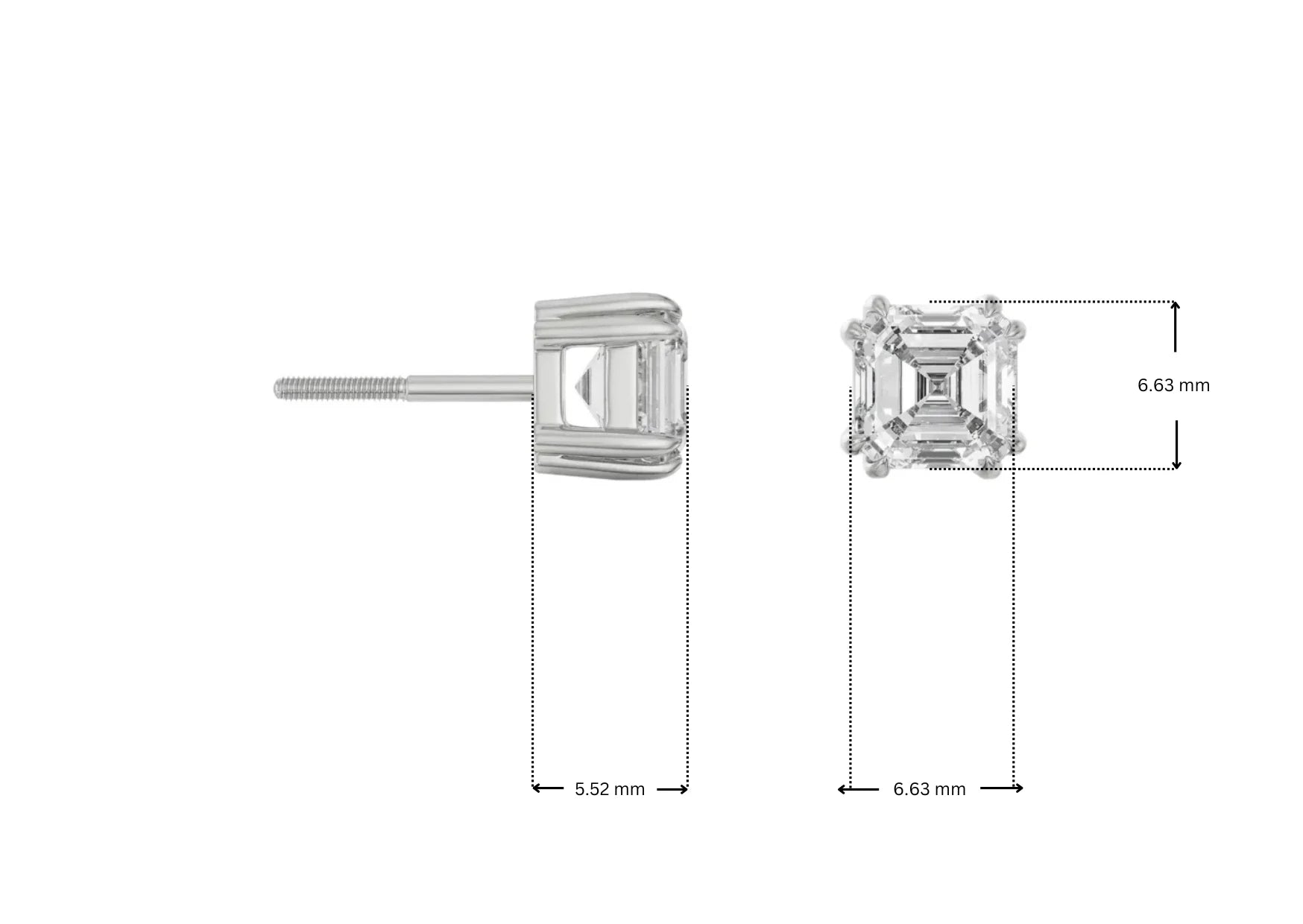 Dimension Guide for 1 CT Asscher Lab Grown Diamond Studs