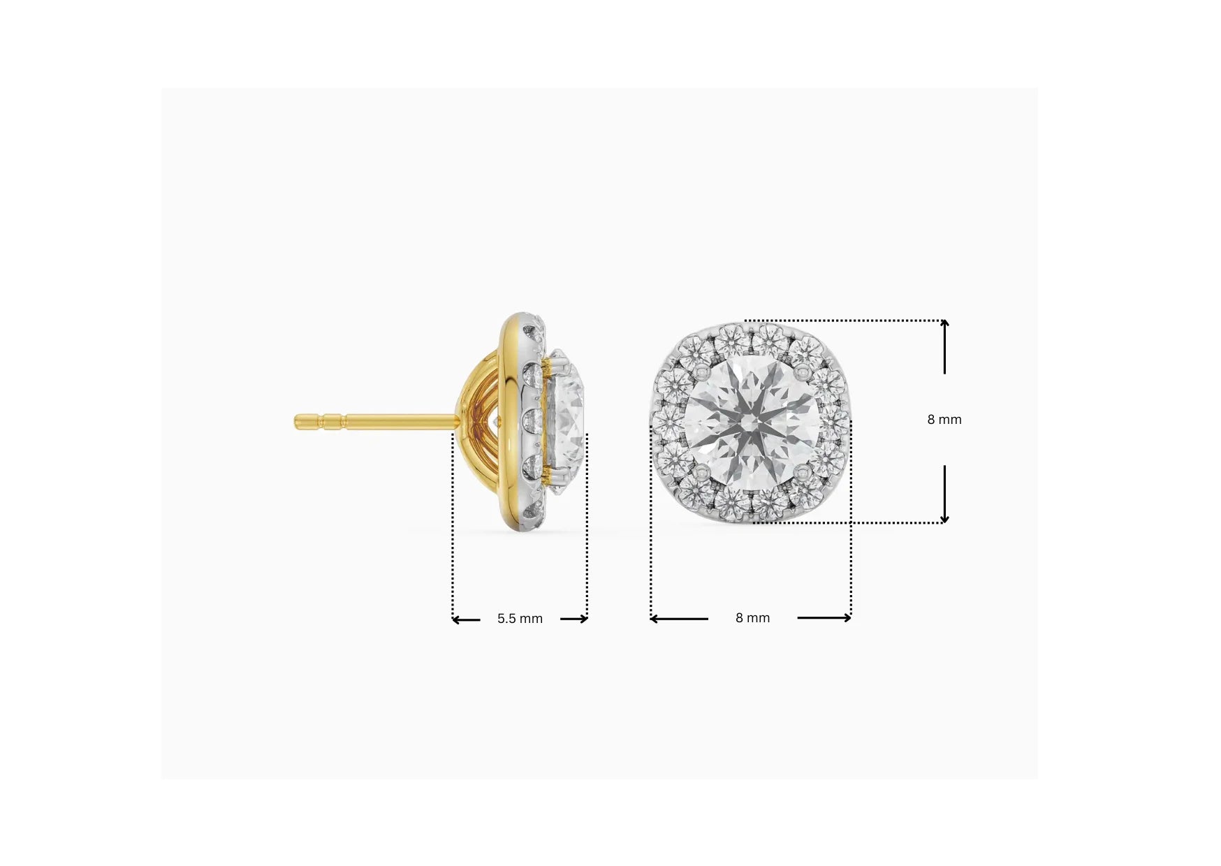 Dimension Guide for 0.50 CT Cushion Halo Lab Grown Diamond Detachable Studs