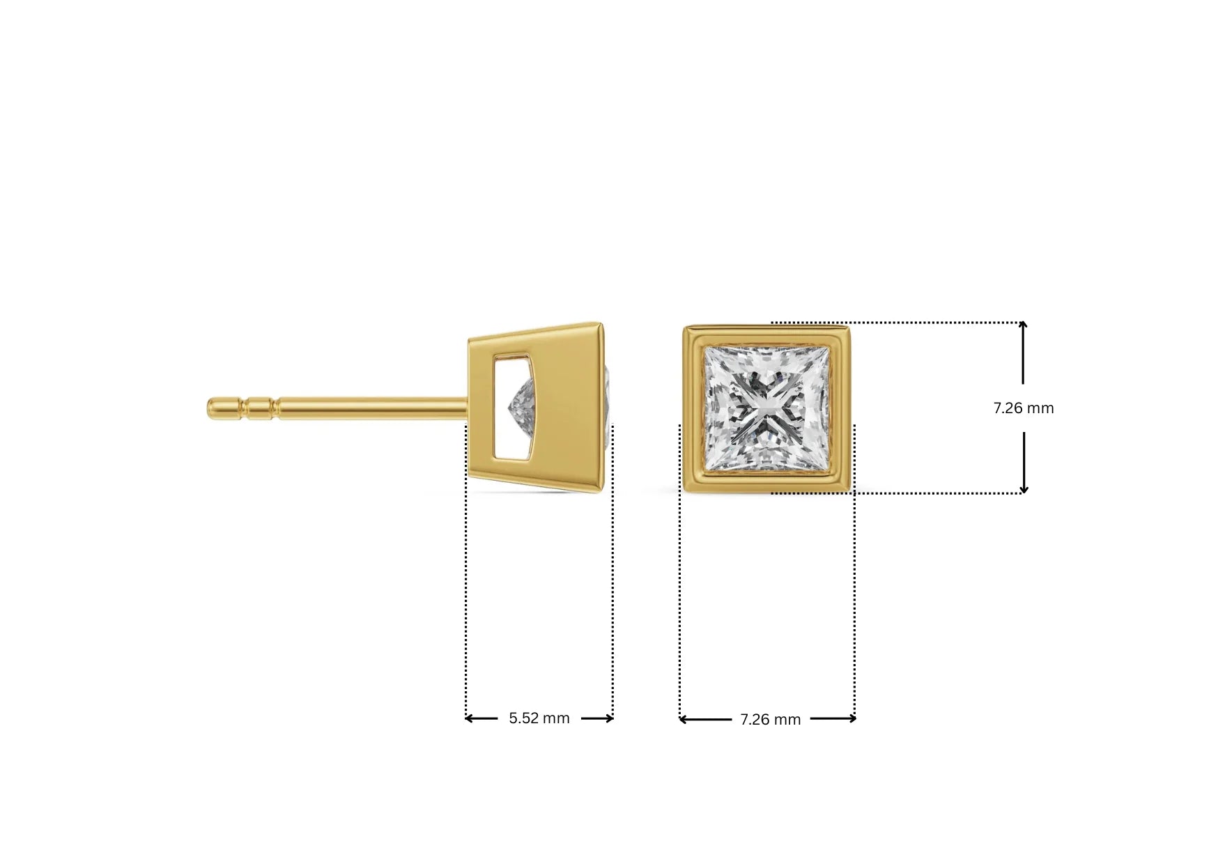 Dimension Guide for 1 CT Bezel Princess Lab Grown Diamond Solitaire Studs