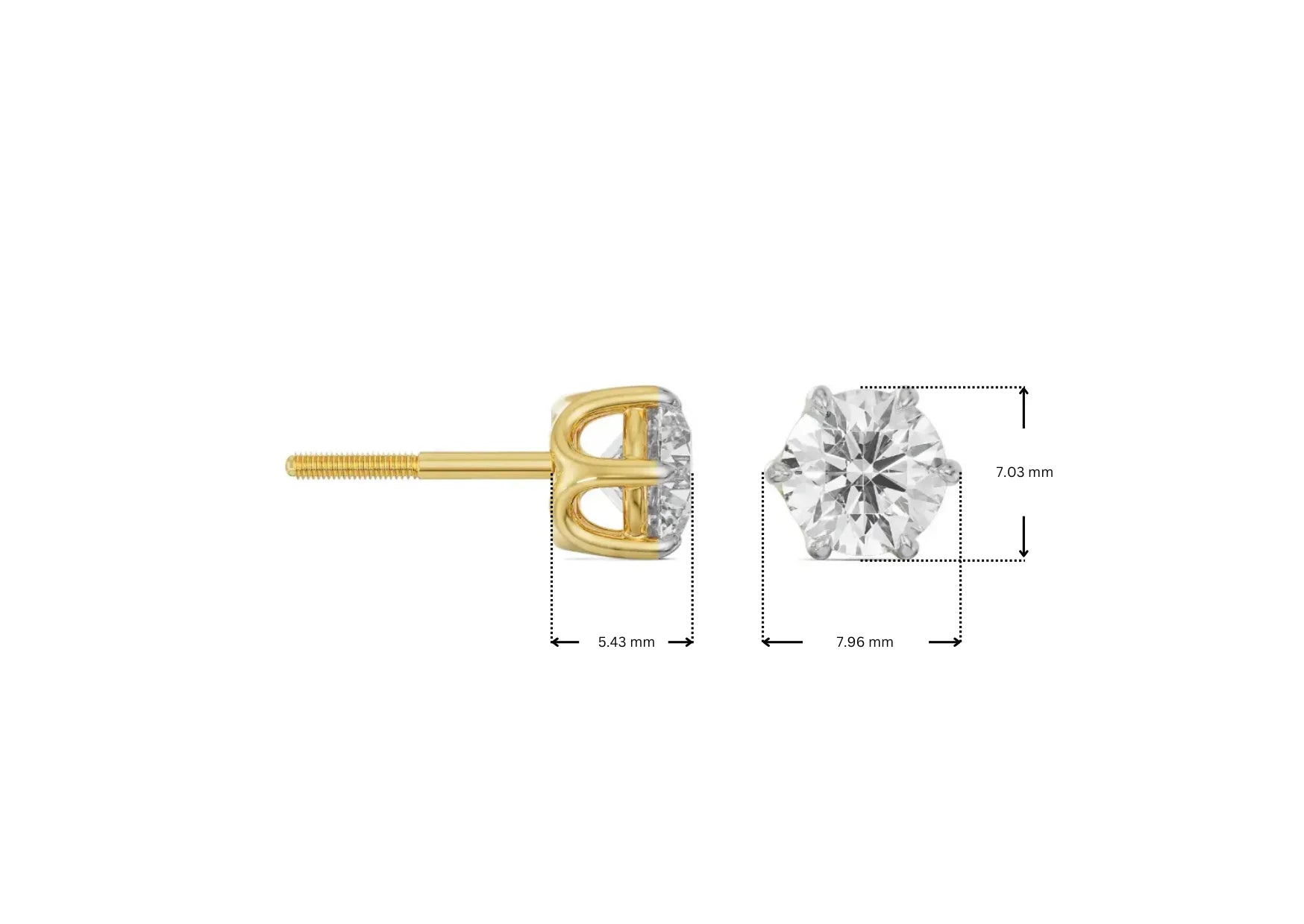 Dimension Guide for Six Prong 1 CT Lab Grown Diamond Studs