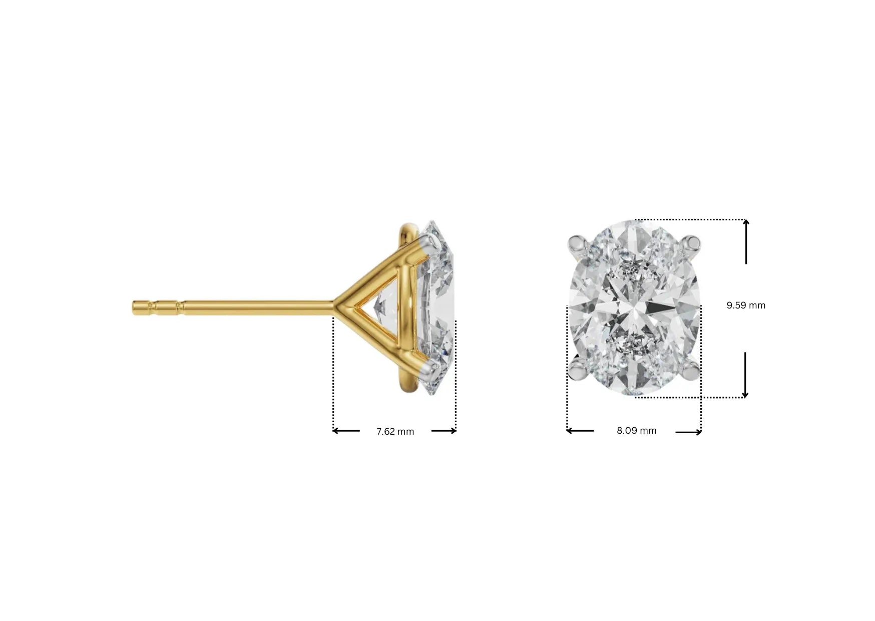 Dimesnion Guide for 2 CT Oval Solitaire Lab Grown Diamond Studs