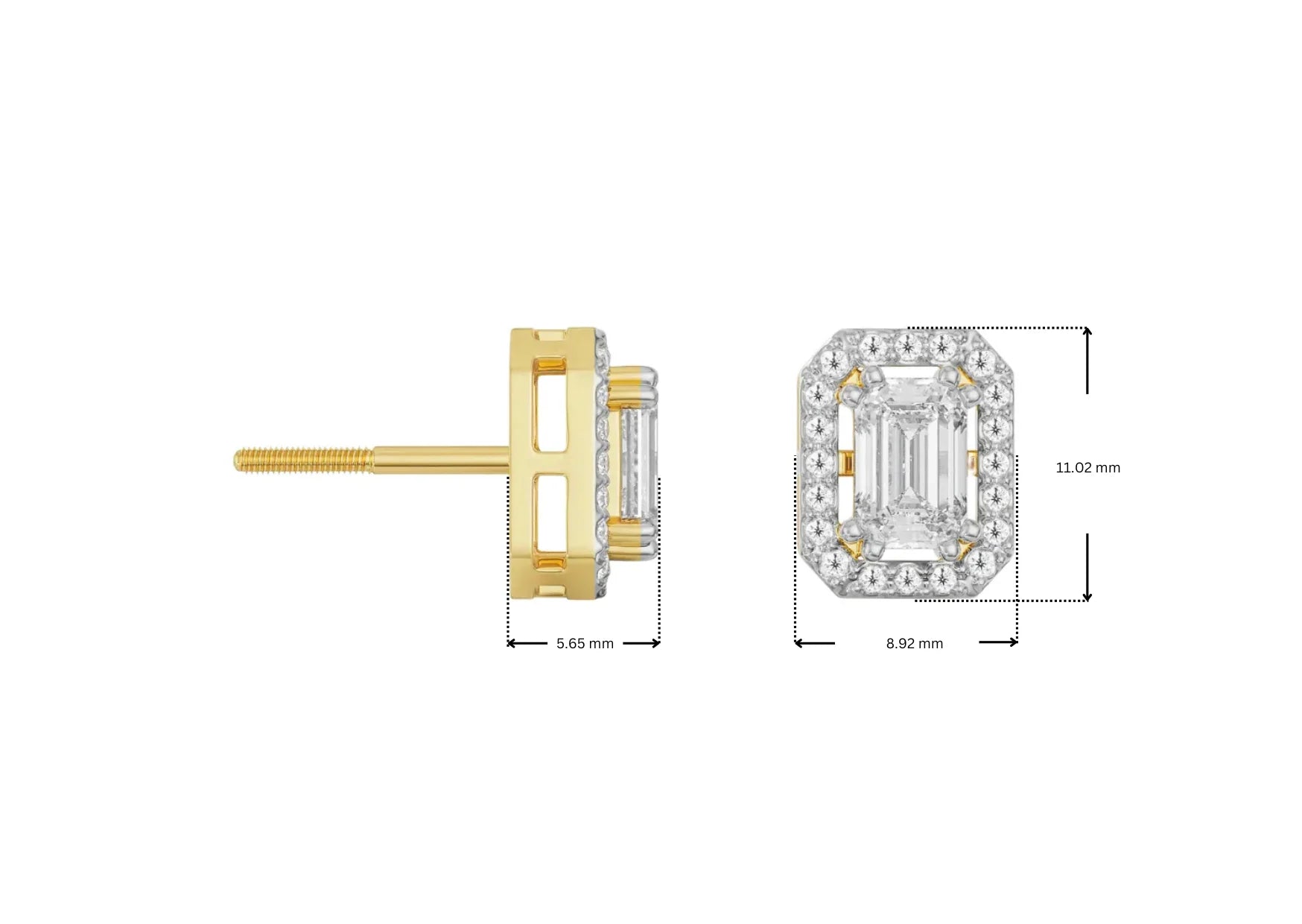 Dimension Guide for 1 CT Shimmering Halo Emerald Lab Diamond Earrings