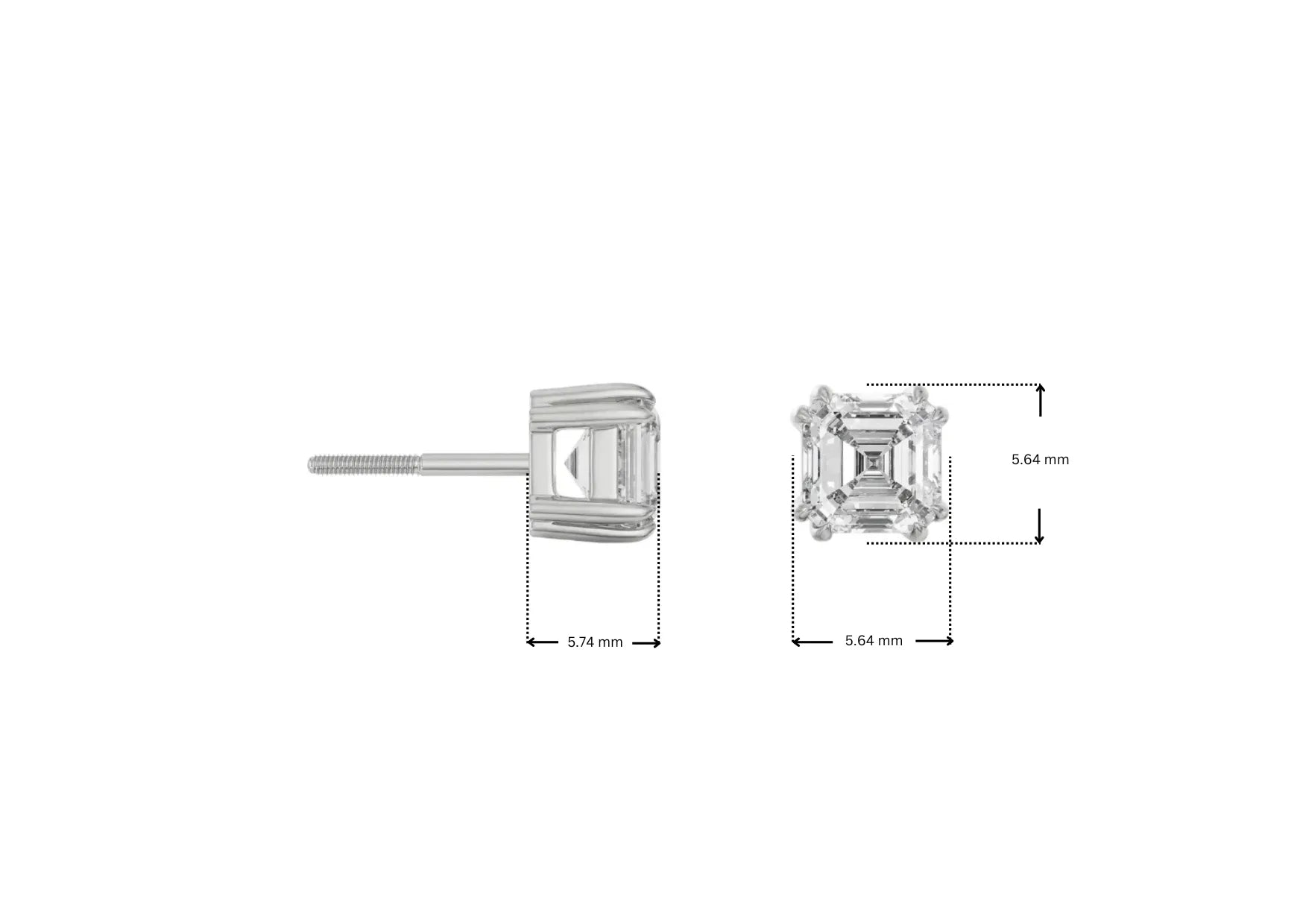 Dimension Guide for 0.5 CT Asscher Lab Grown Diamond Studs