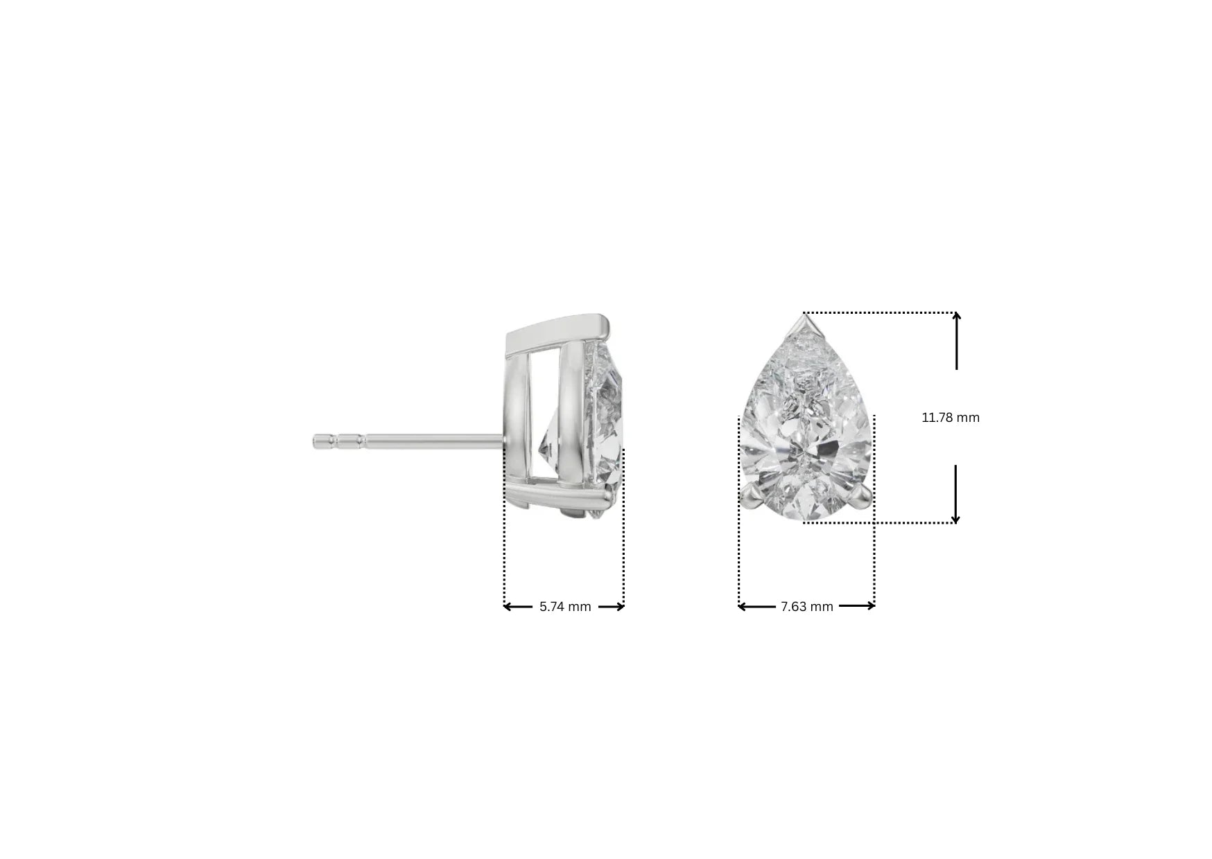 Dimension Guide for 2 CT Pear Solitaire Lab Grown Diamond Studs