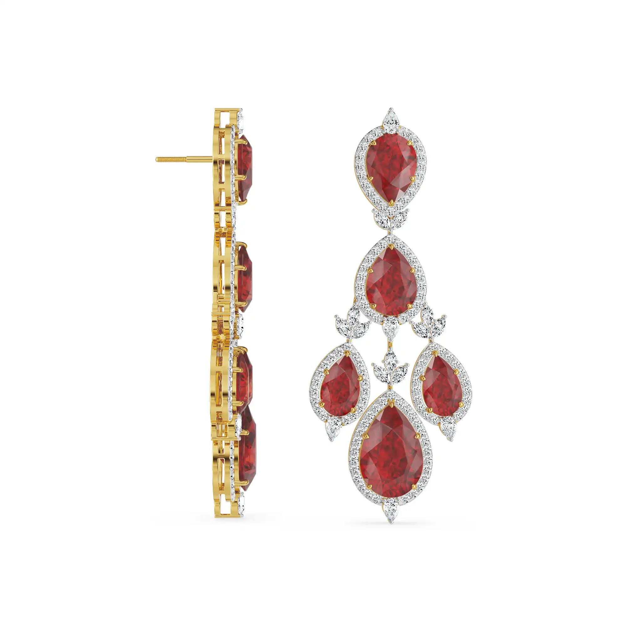Ruby Pear Lab Diamond Dangle Earrings - perspective view