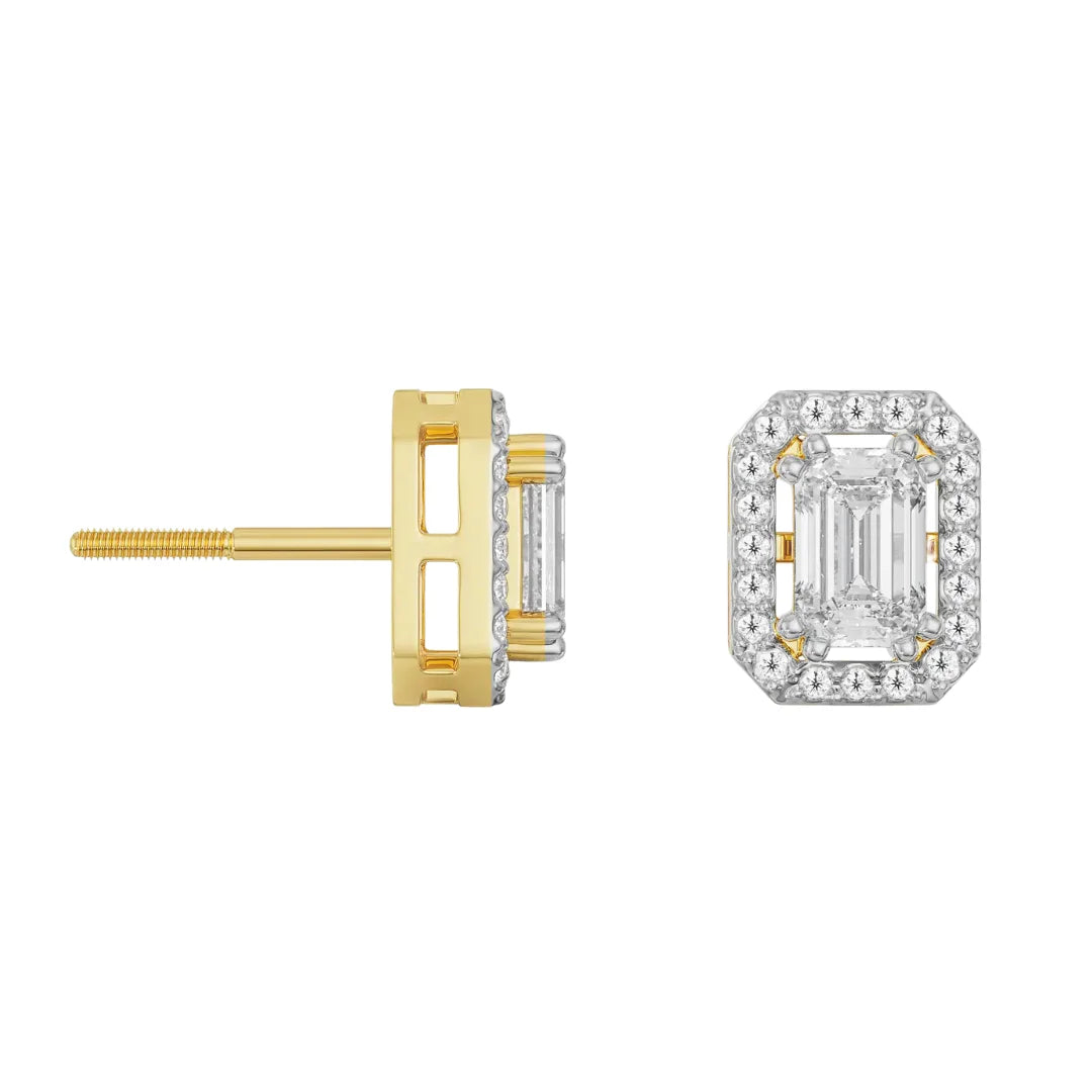 1 CT Shimmering Halo Emerald Lab Diamond Earrings - perspective view in 9KT