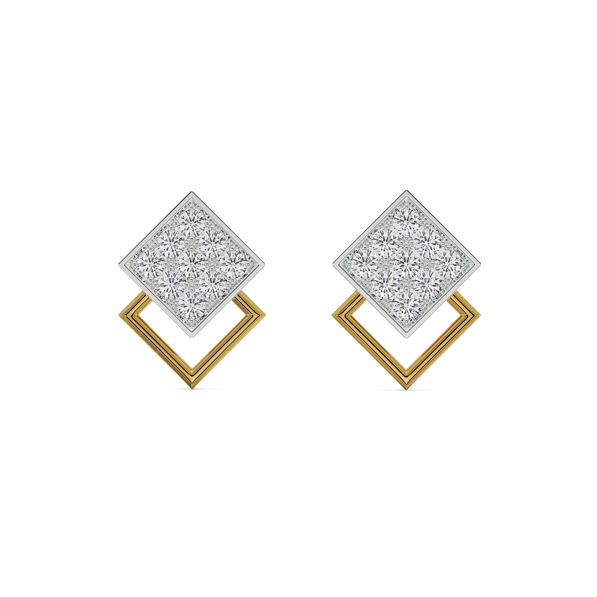Twin Square Diamond Studs Front View in 9KT