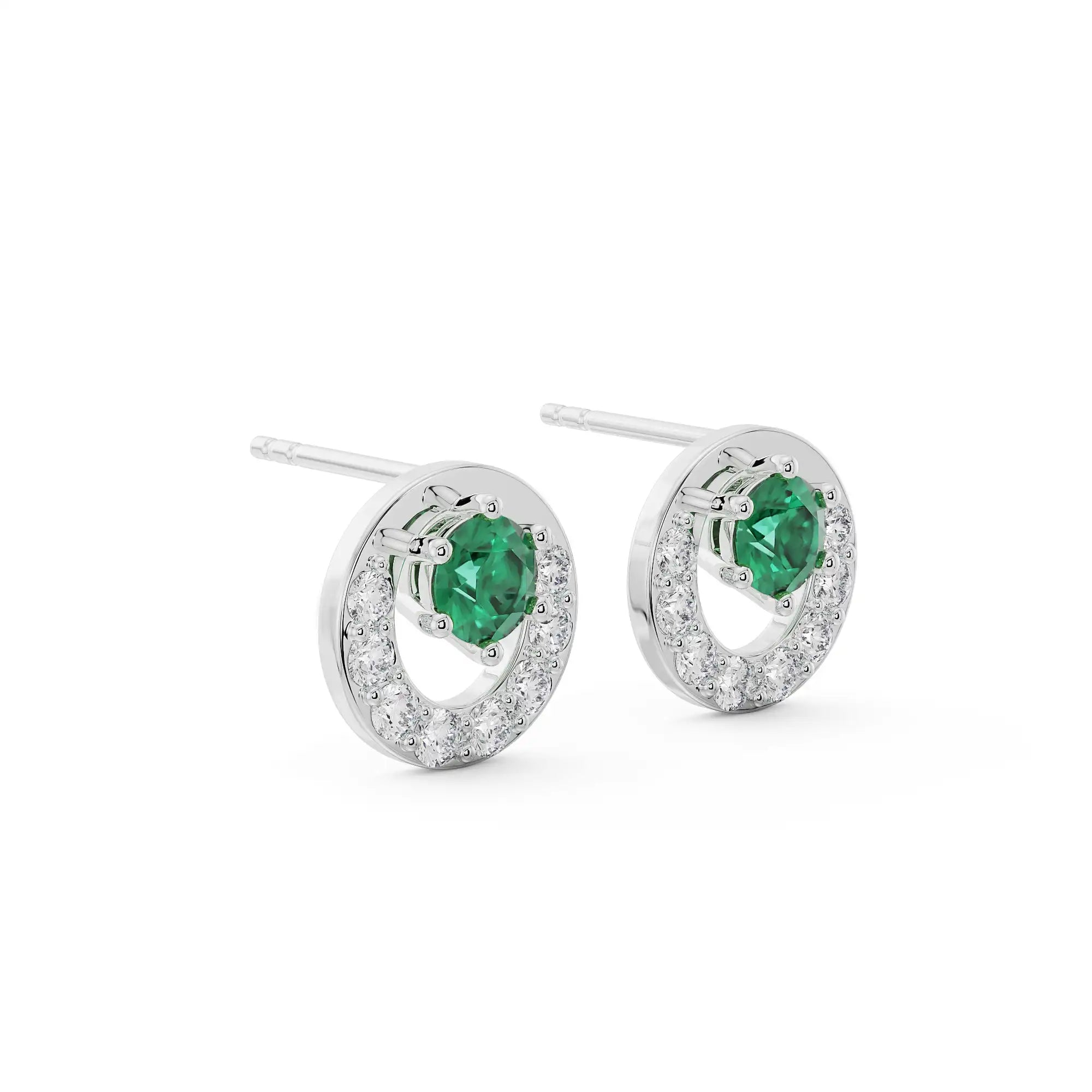 Halo Emerald Diamond Studs Side View