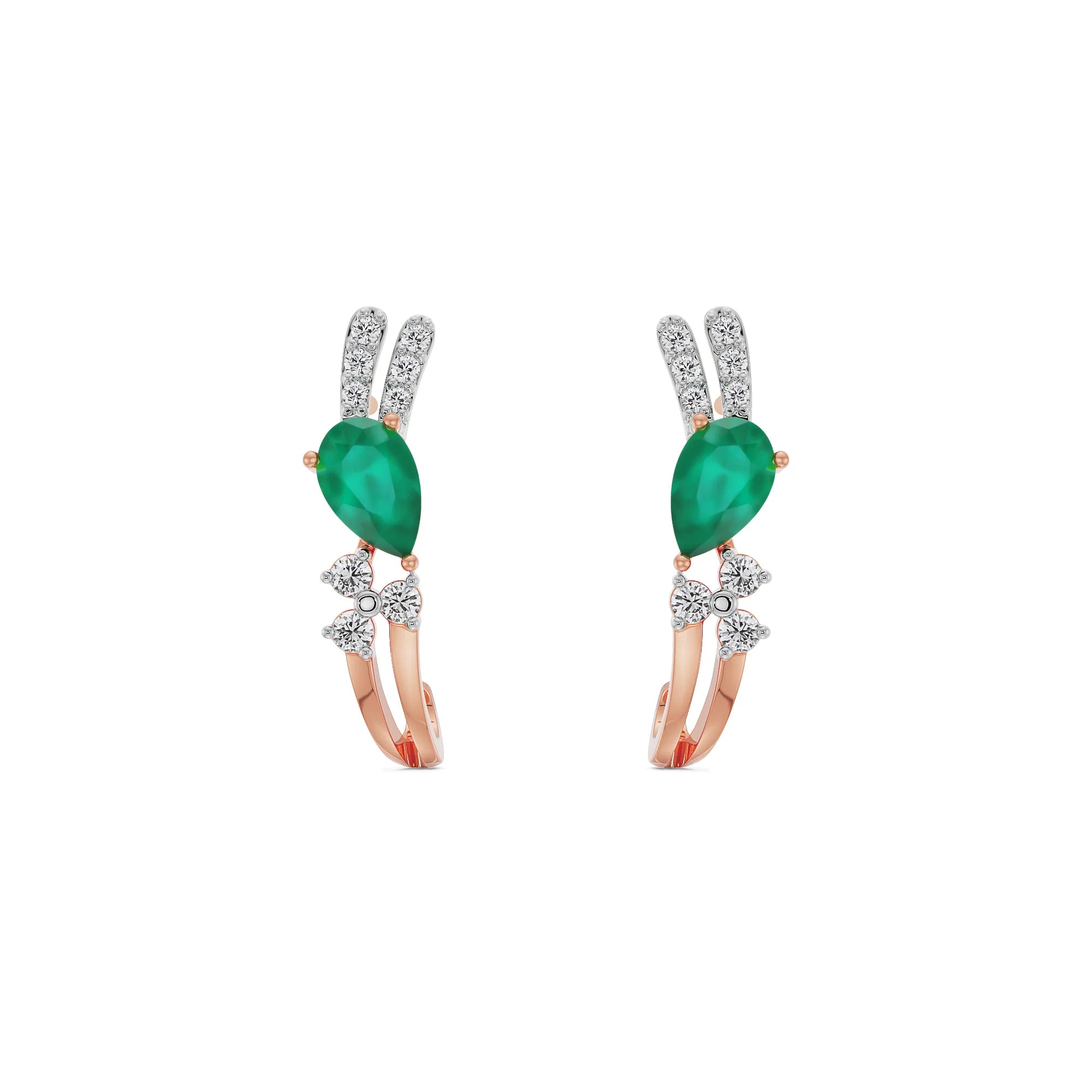 Regal Pear Emerald Diamond Hoops Front view in 9KT