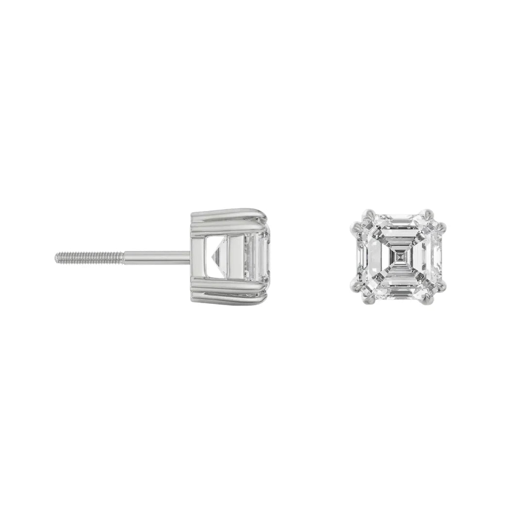 1 CT Asscher Lab Grown Diamond Studs - perspective view in 9KT