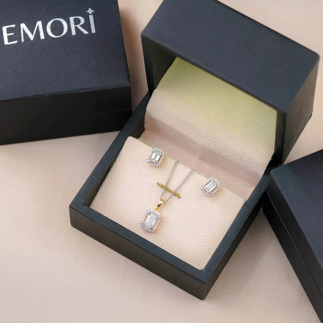 Luminescent Diamond Pendant Shimmering Halo Emerald Diamond Earrings Prospective View