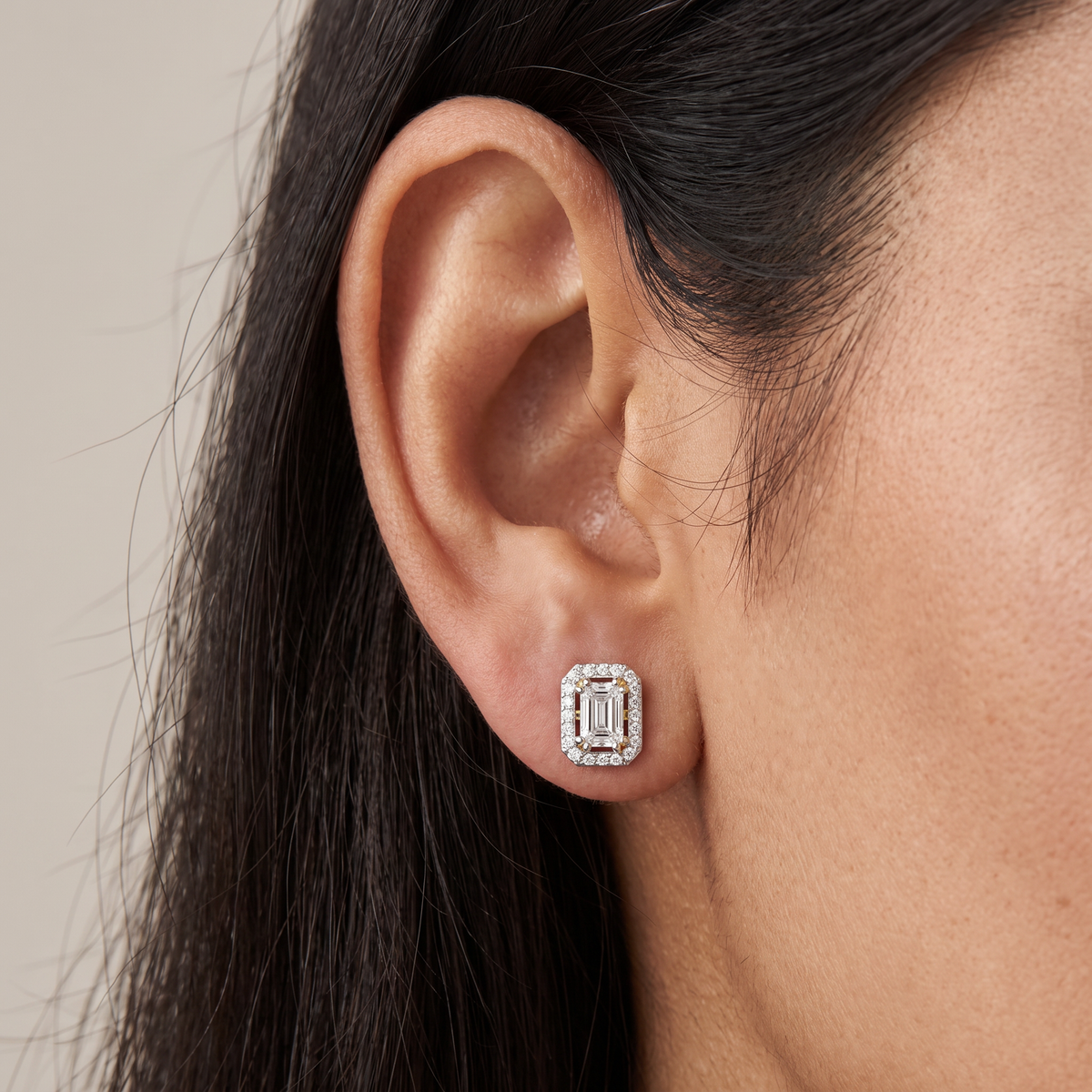 Shimmering Halo Emerald Lab Grown Diamond Earrings