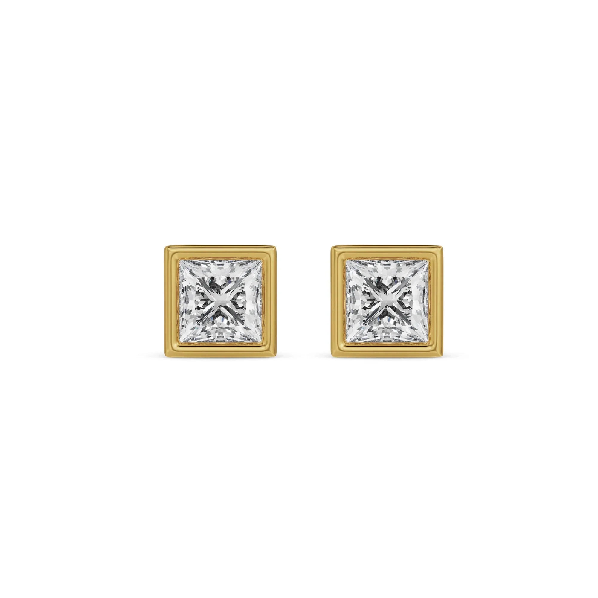 0.5 CT Bezel Princess Solitaire Studs Front View in 9KT