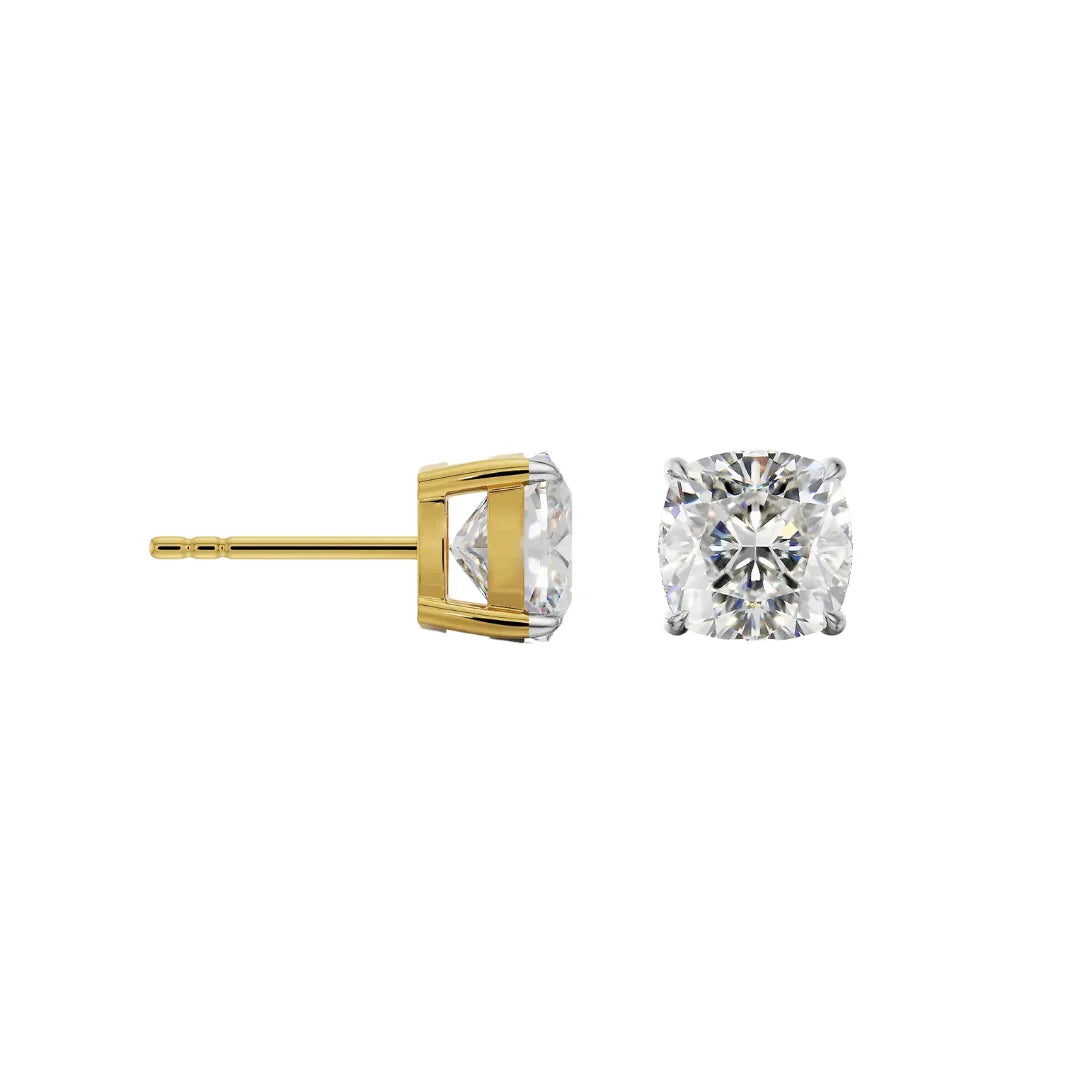 1 CT Cushion Lab Grown Diamond Studs - perspective view in 9KT