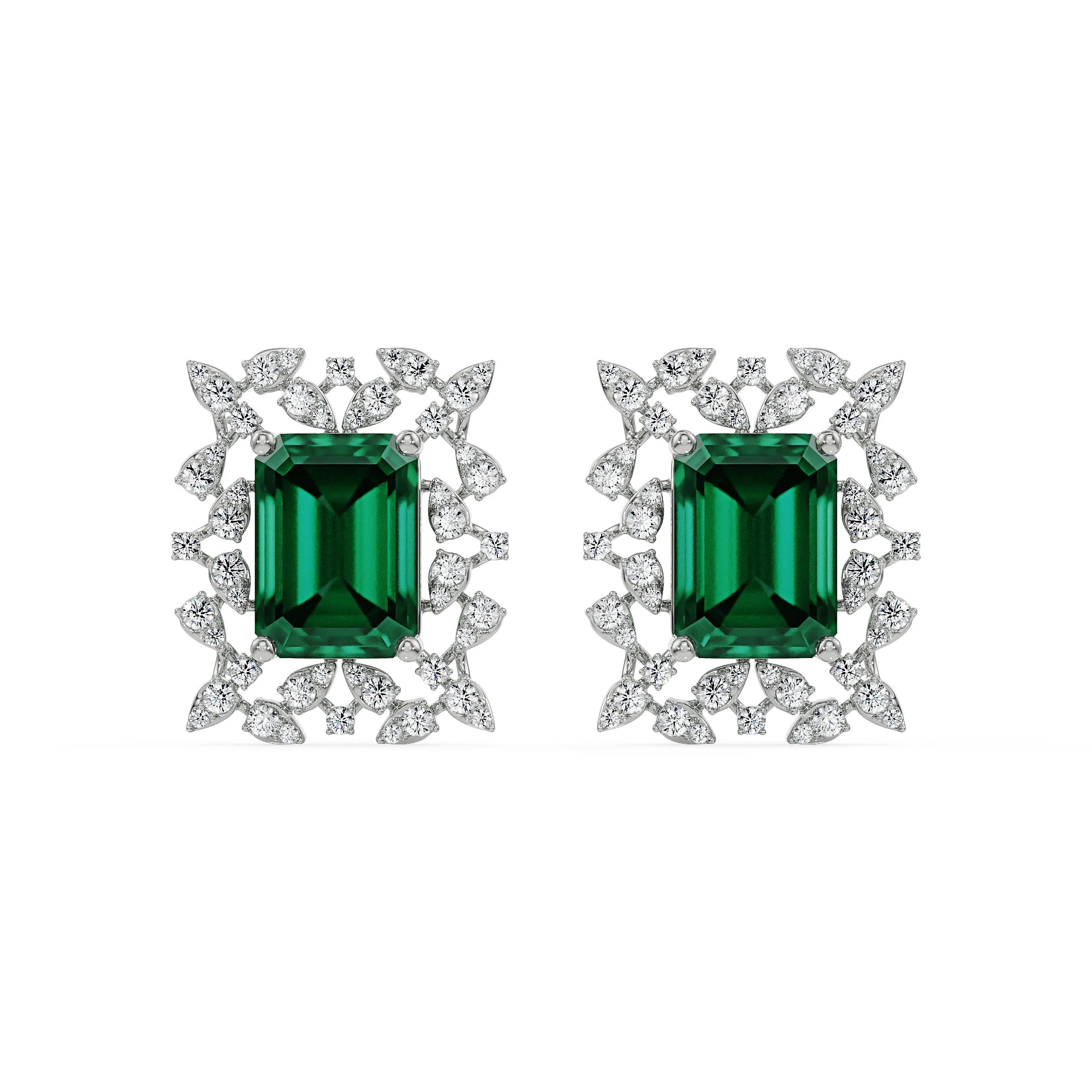 Vintage Emerald Diamond Studs Front View in 9KT