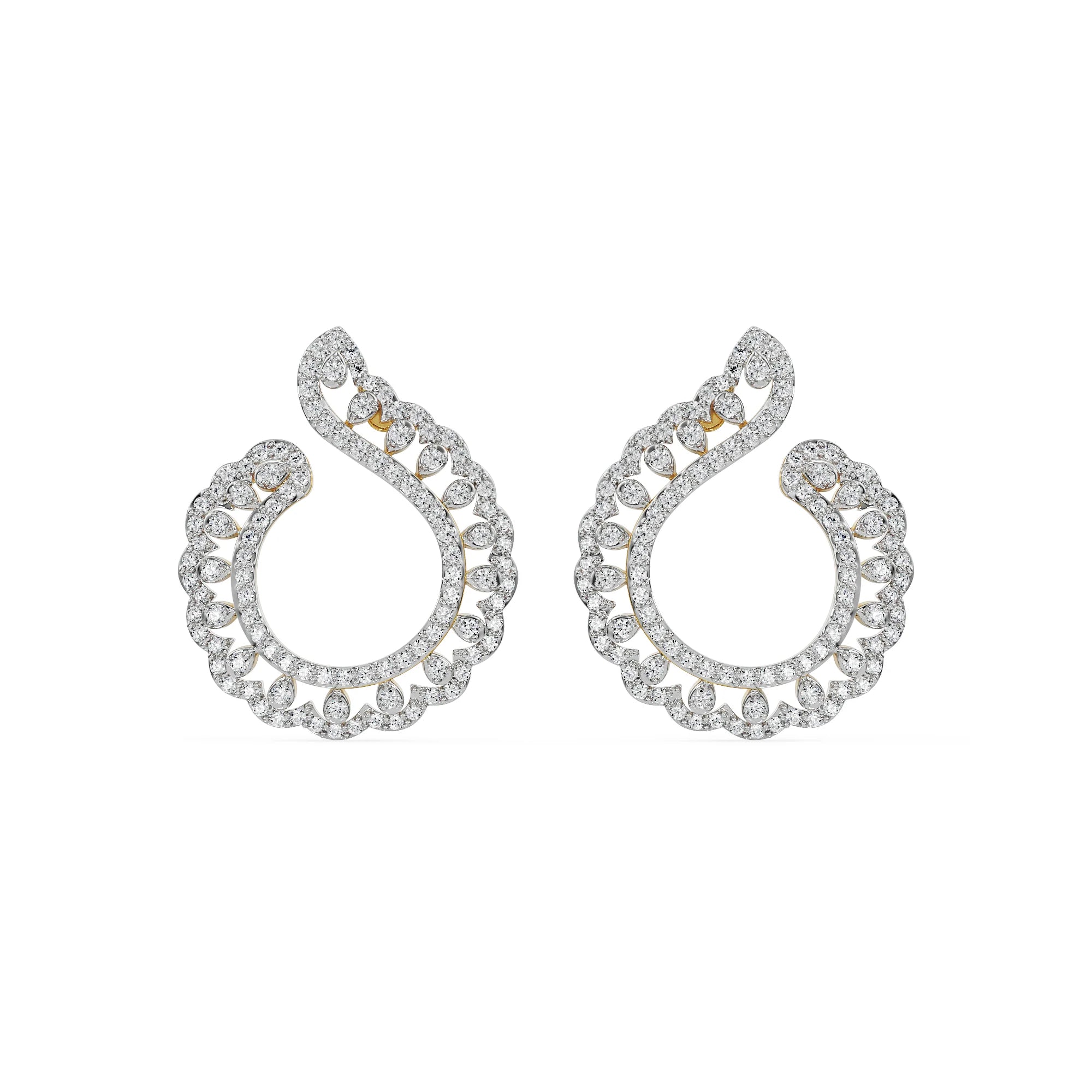 Feather Shaped Diamond Earrings Front View in 9KT