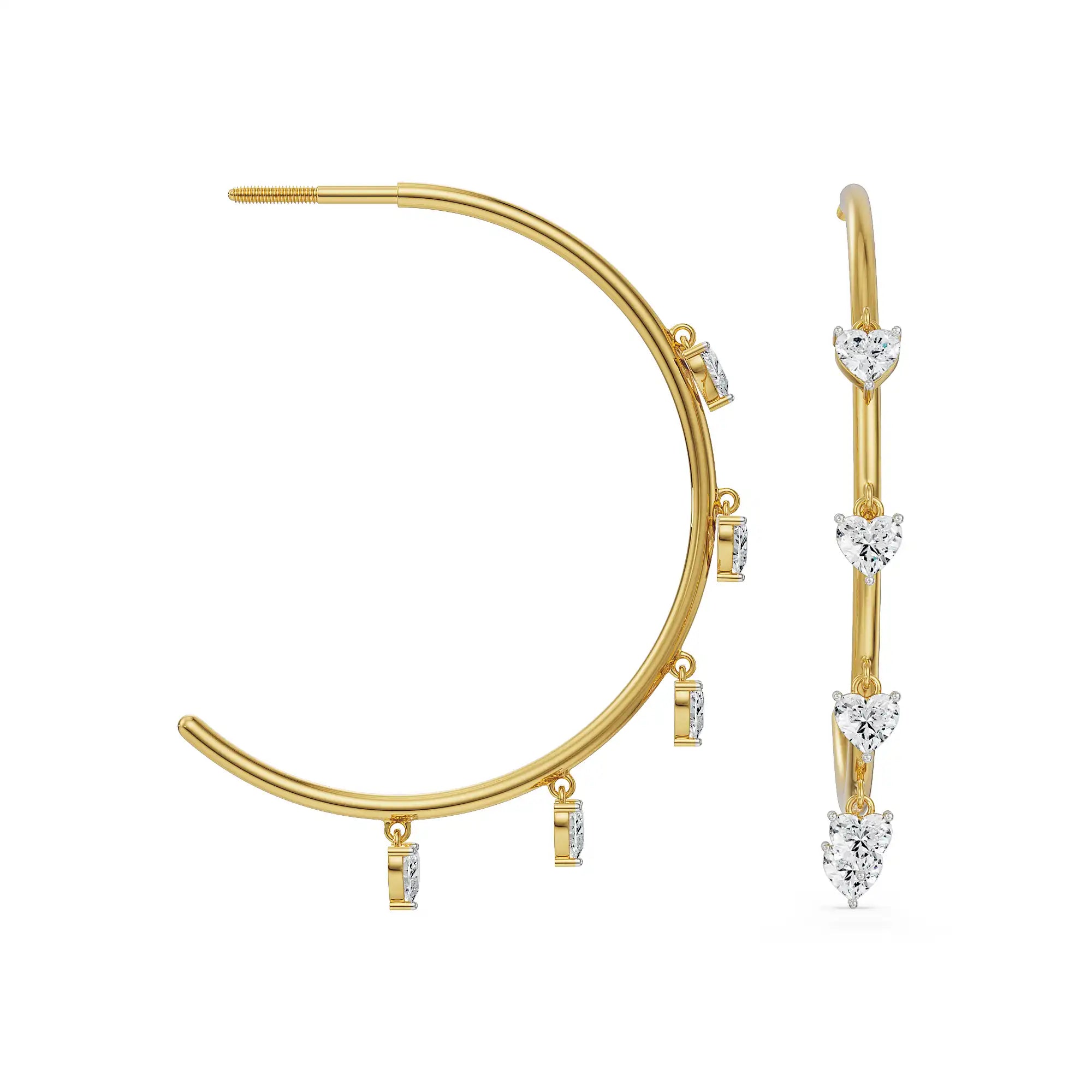 Dancing Hearts Dangle Hoop Earrings - Prospective view in 9KT