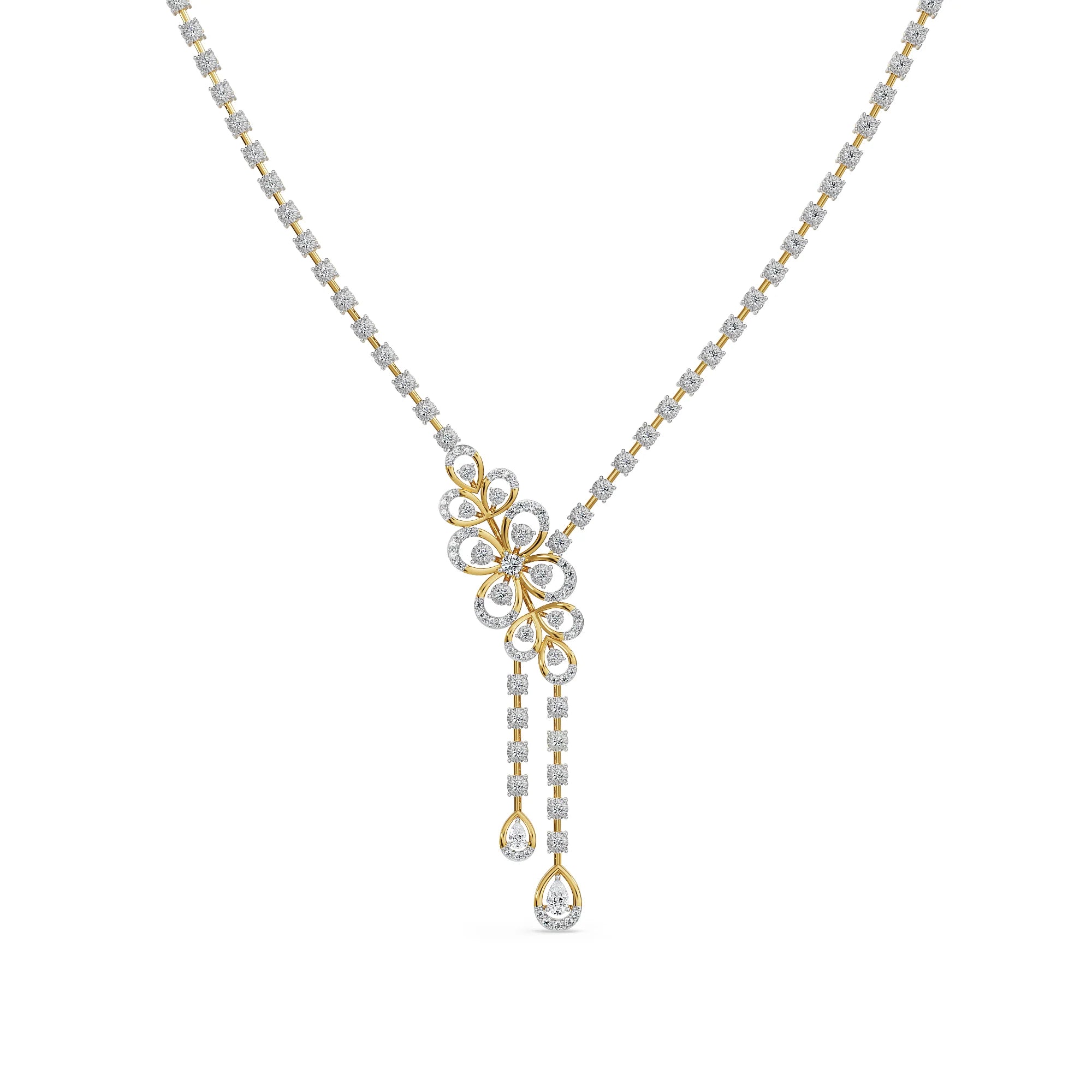 Floral Cascade Lab Grown Diamond Necklace - front view in 9KT