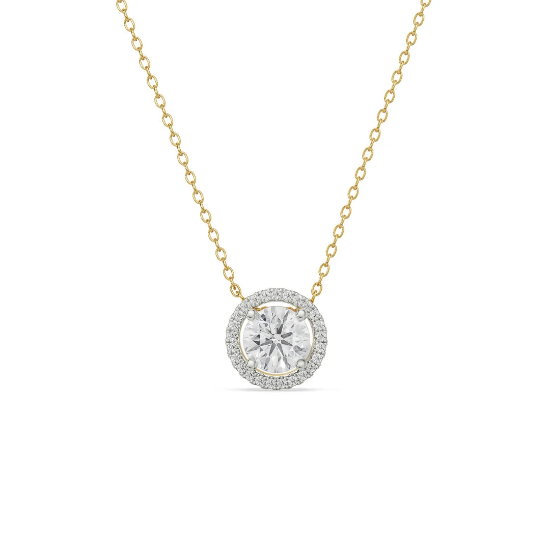 2 CT Round Halo Glistening Lab Diamond Pendant- front view in 9KT