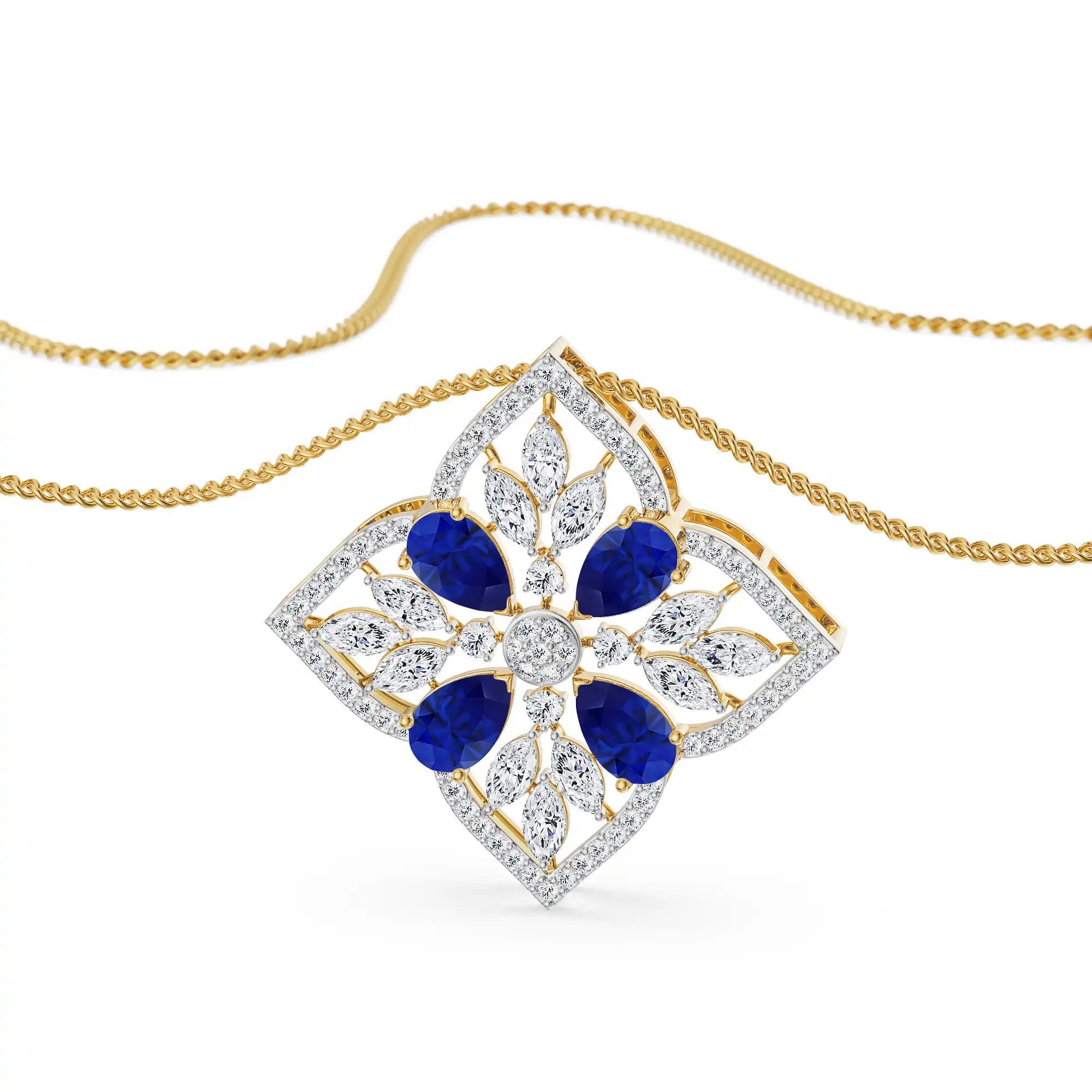 Blue Sapphire Lab Diamond Glamour Pendant - front view in 9KT