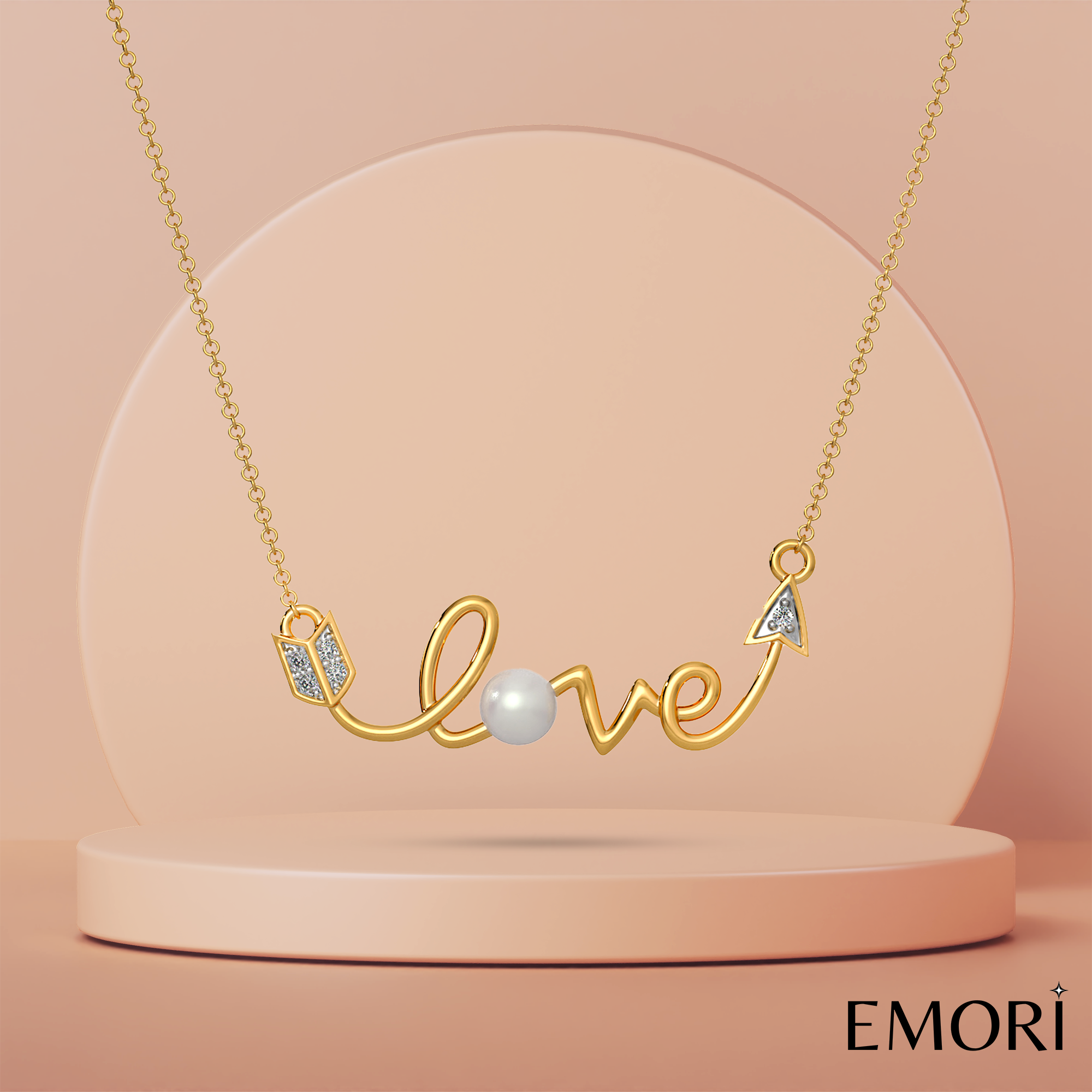 Diamond and Pearl Love Necklace Prospective View