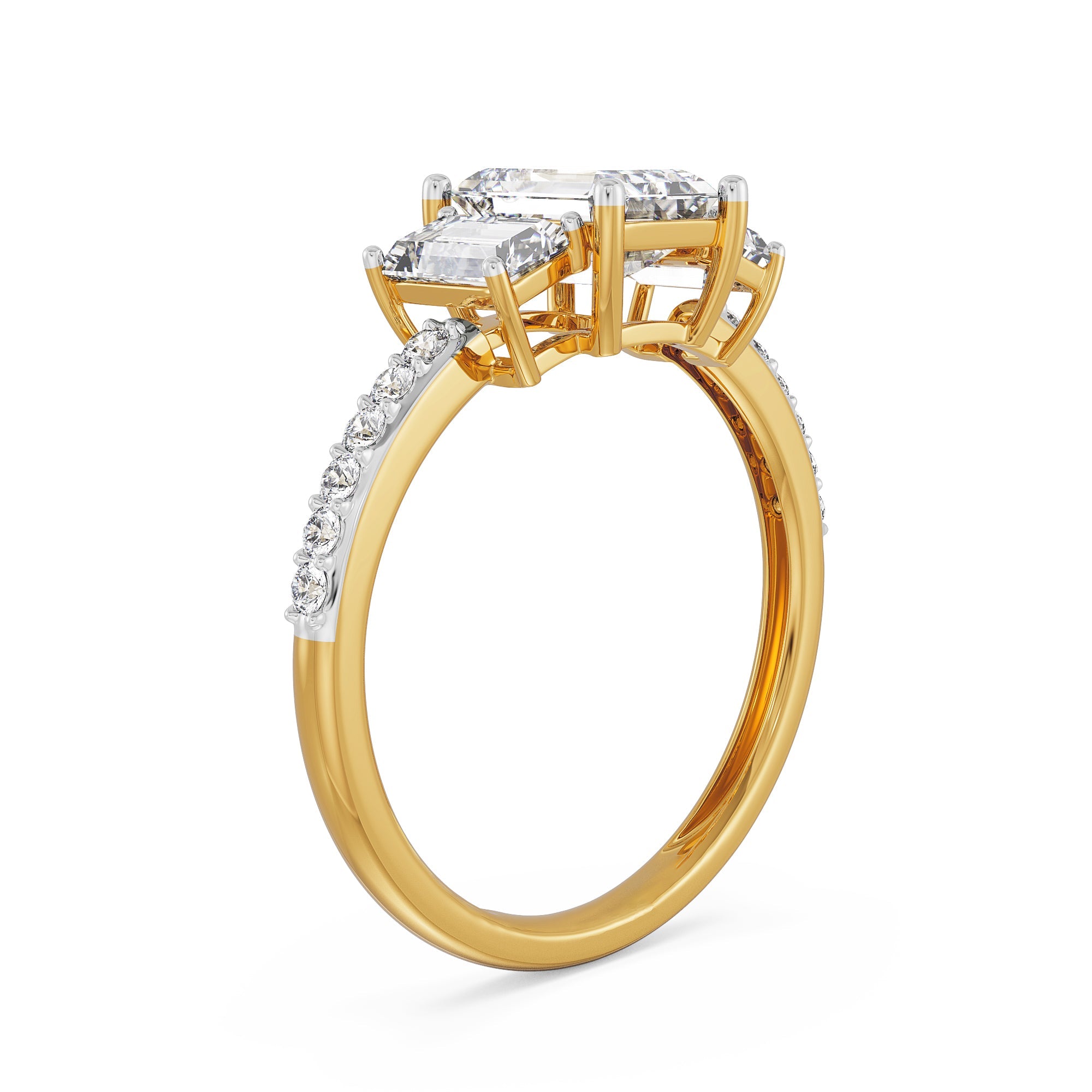 Three Stone Emerald Diamond Ring Back View in 9KT