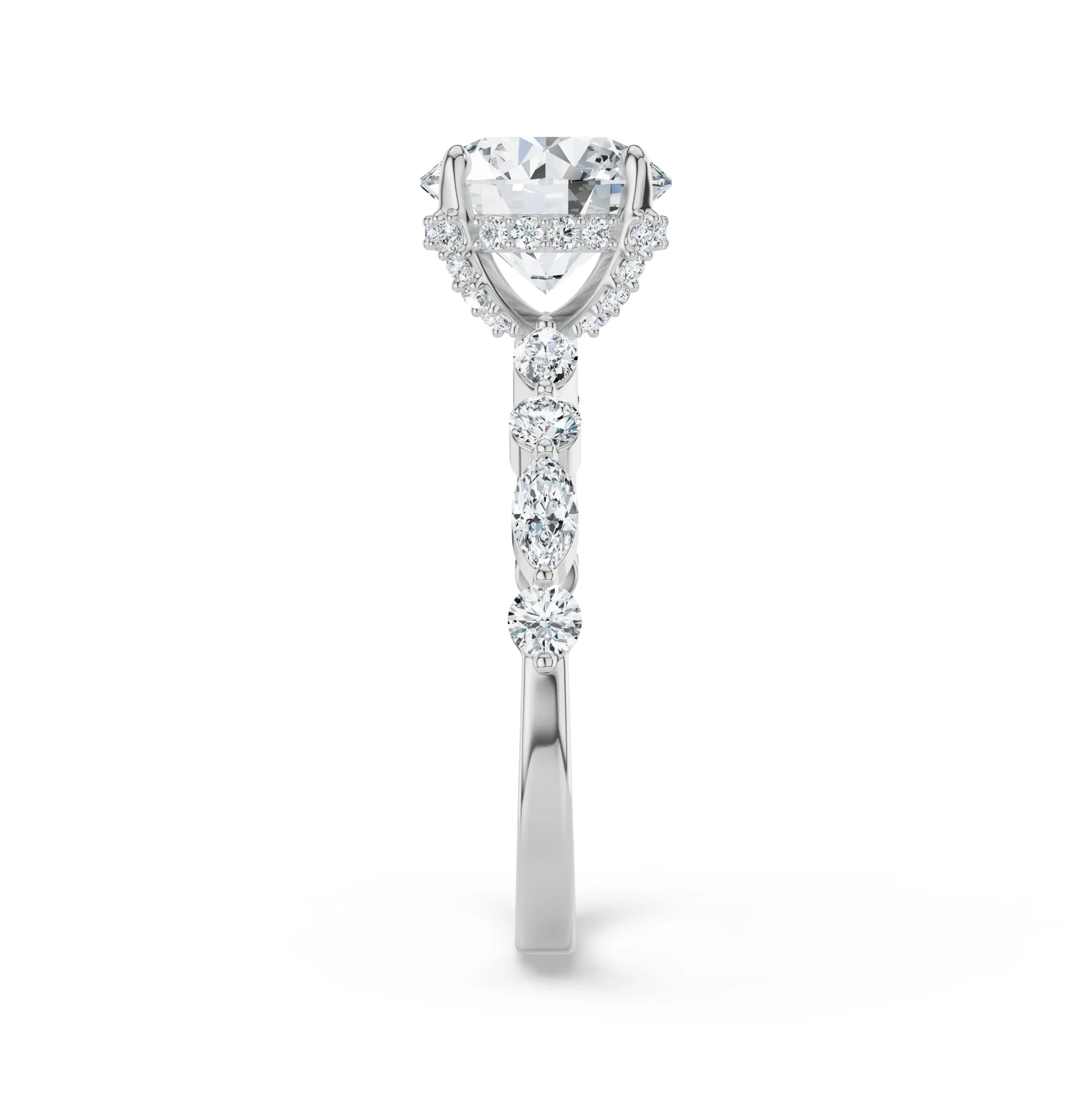 Halo Round Brilliant Diamond Ring Side View in 9KT