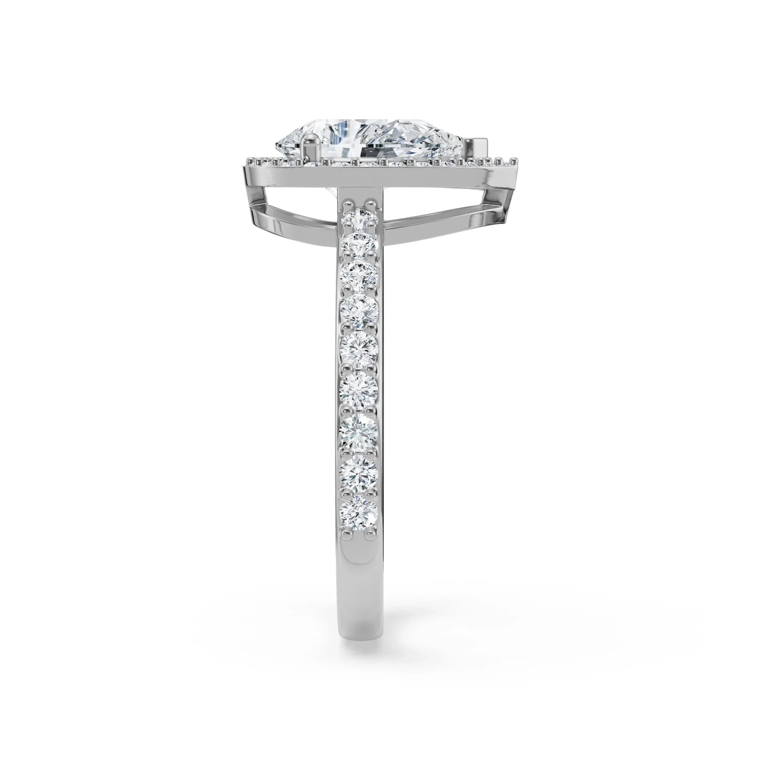 Solitaire Pear Halo Engagement Ring Side View in 9KT