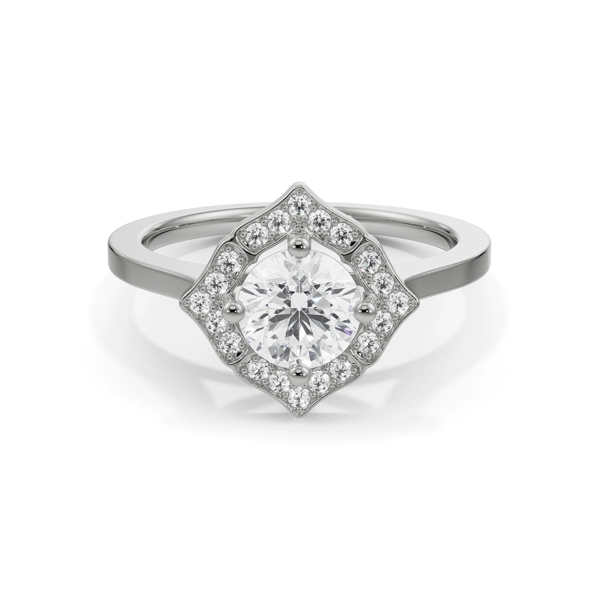 Round Stone Halo Engagement Ring Front View in 9KT