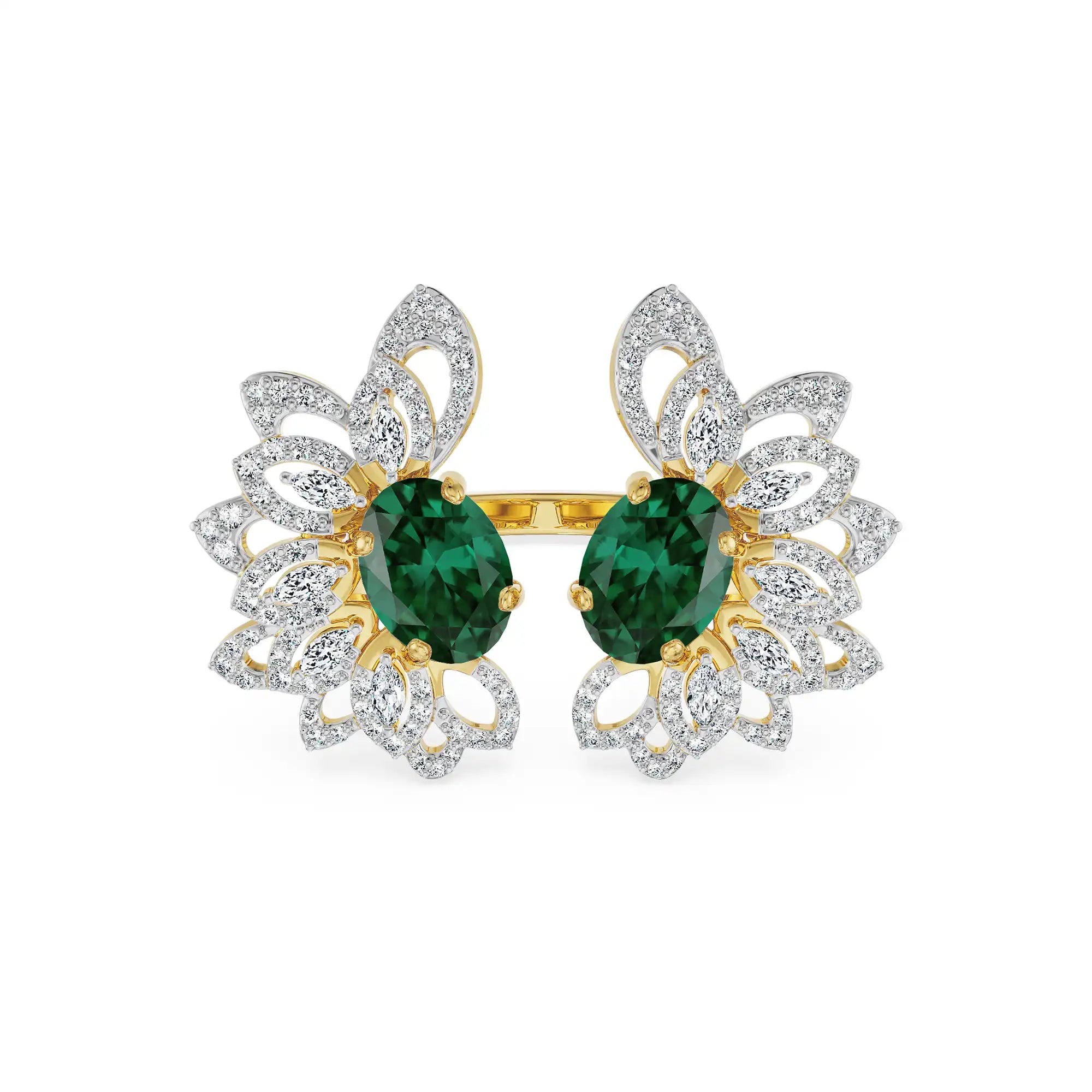 Butterfly Emerald Lab Grown Diamond Ring - front view in 9KT