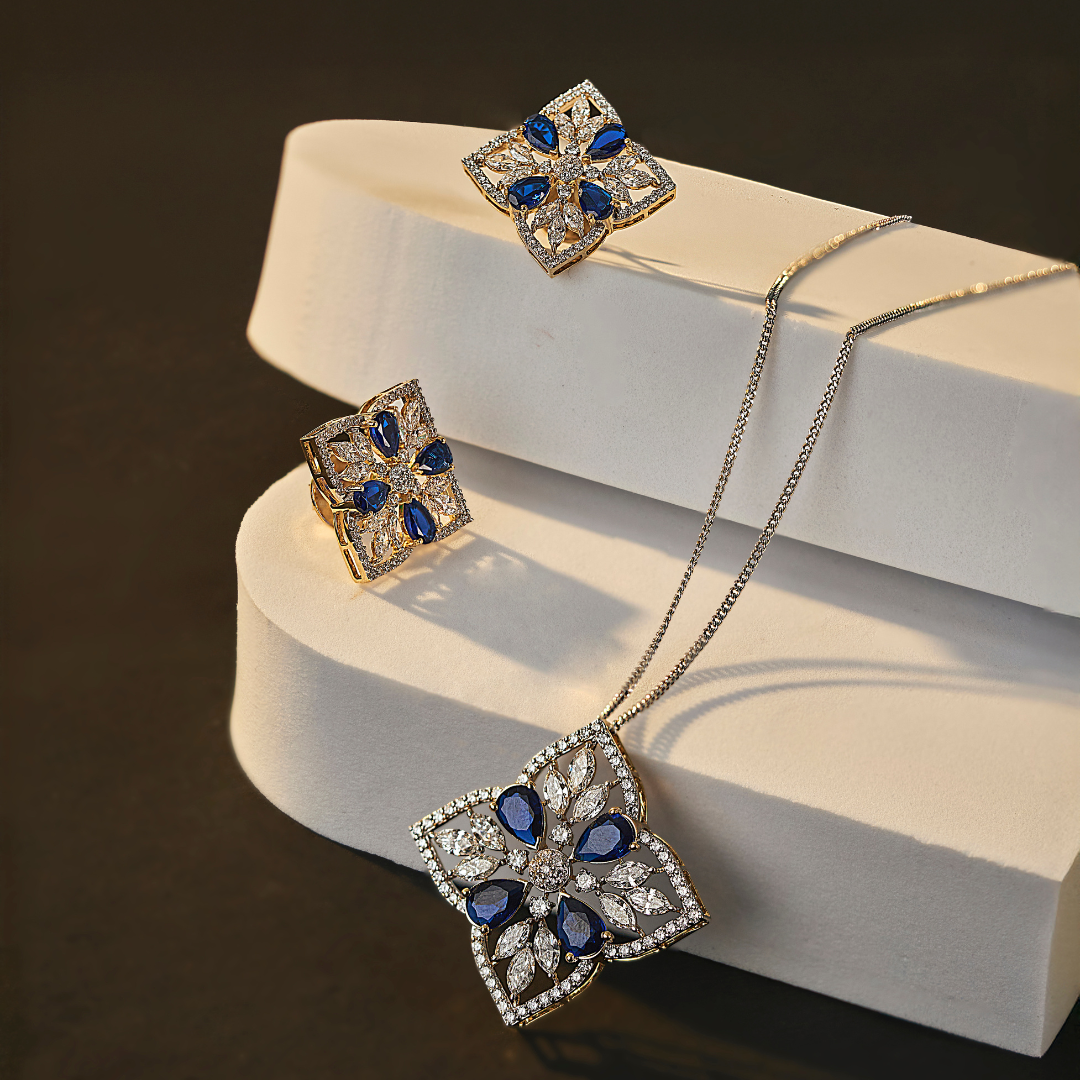 Blue Sapphire Lab Diamond Glamour Pendant Set