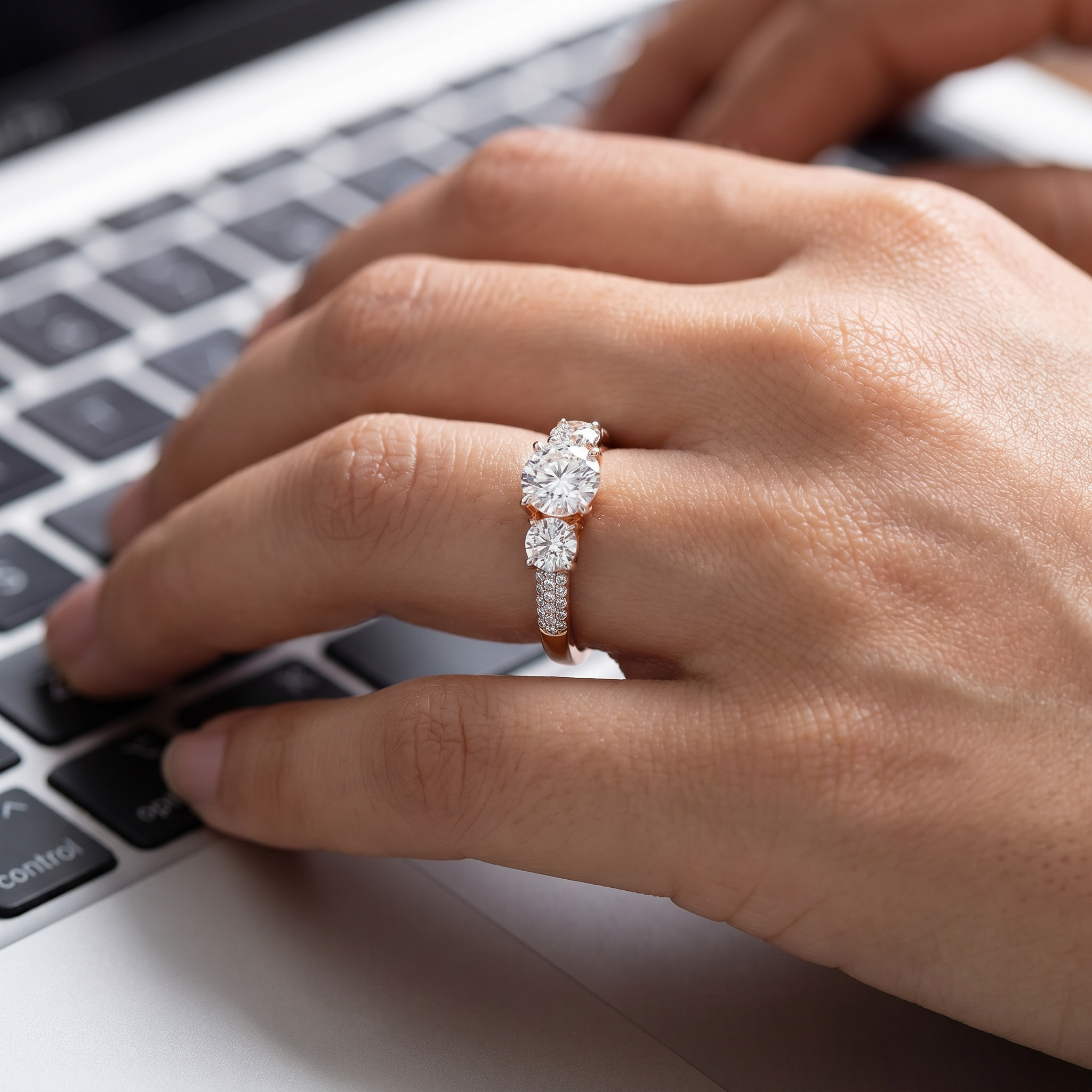 Three Stone Rose Engagement Ring