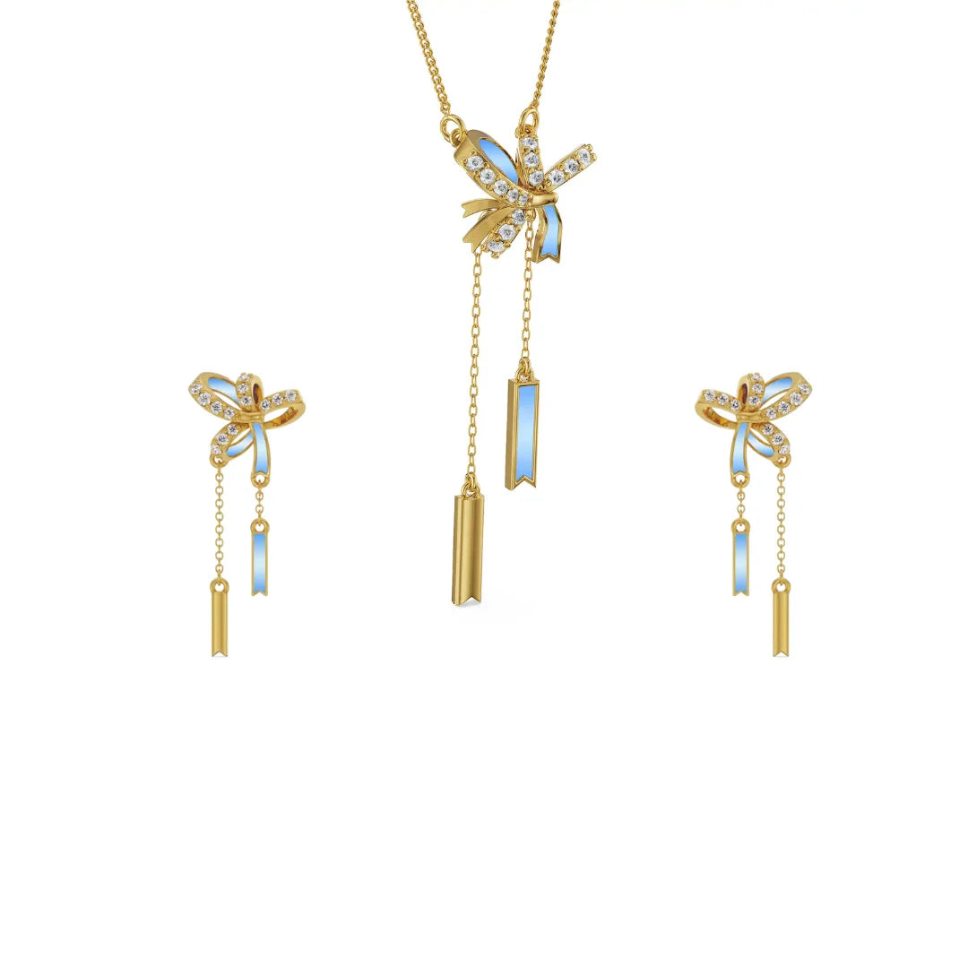 Charming Bow Tassel Lab Diamond Pendant Set - perspective view in 9KT