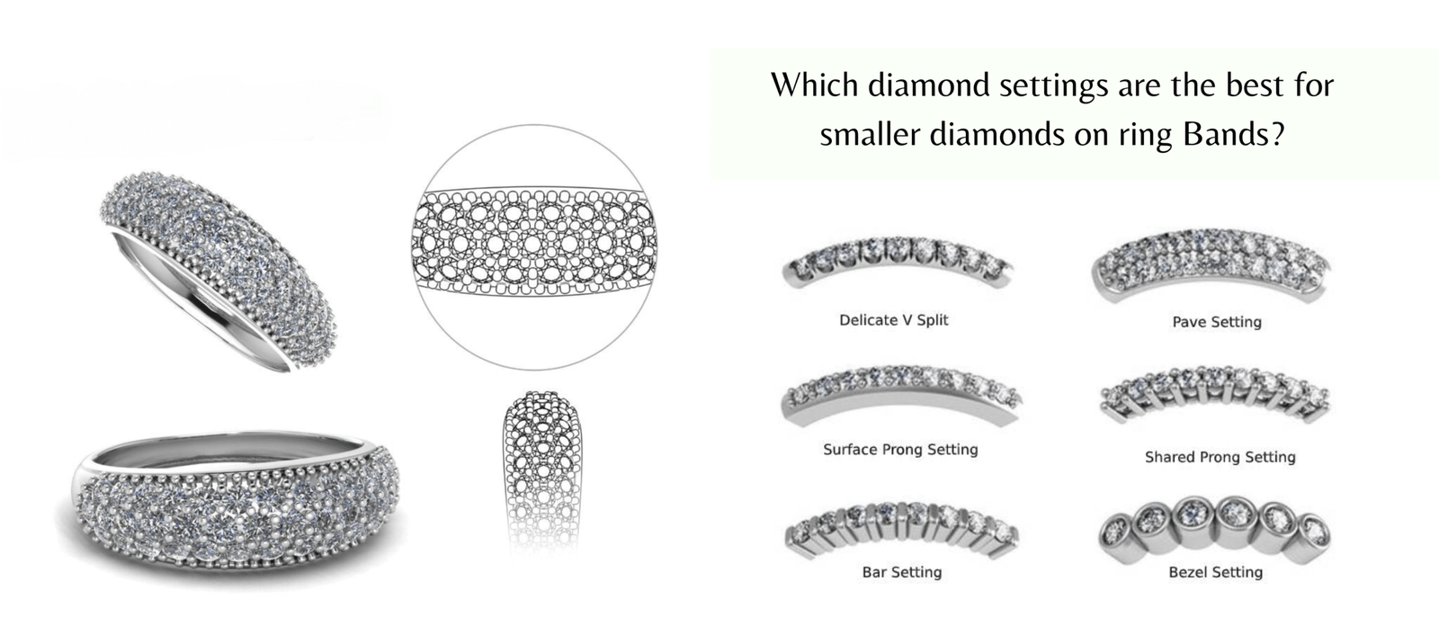 Which diamond settings are the best for smaller diamonds on ring Bands?|Pave setting|Micro Setting (Delicate setting)|Micro diamond Setting (Delicate setting)|Channel Setting||Shared prong setting|flush setting|bar setting