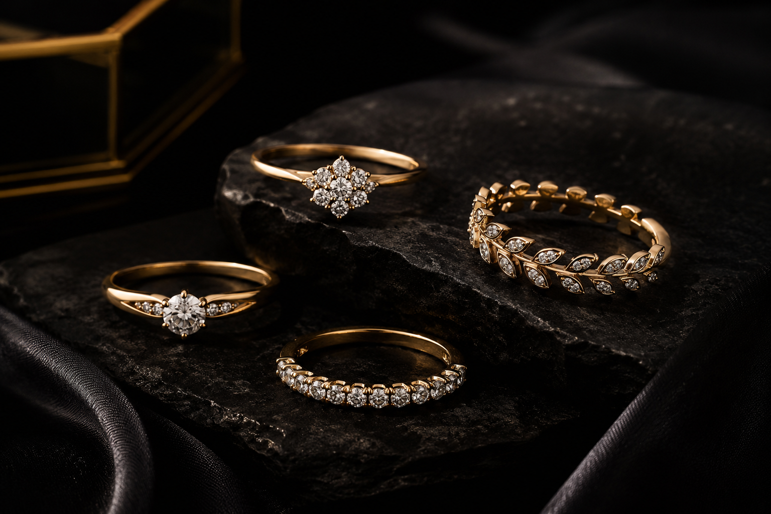 Lab grown diamond rings under INR 25k displayed on black stone in a dark luxury setting.