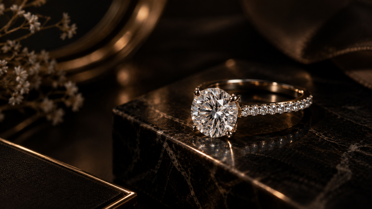 Luxurious solitaire diamond ring on dark marble with warm lighting and polished gold details.