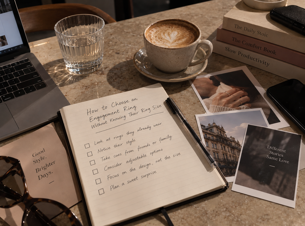 Engagement ring planning notebook on a marble table with jewelry inspiration photos, coffee, laptop and ring-size notes.