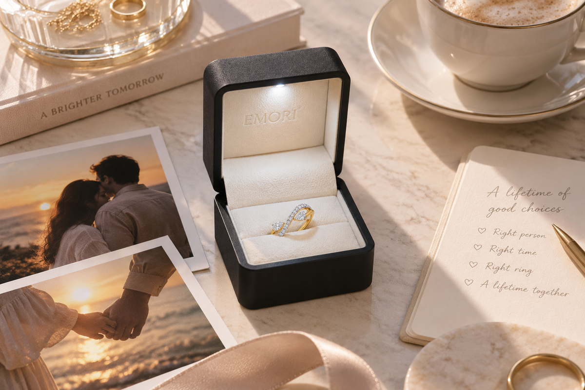 EMORI diamond ring box on a marble table with romantic wedding details
