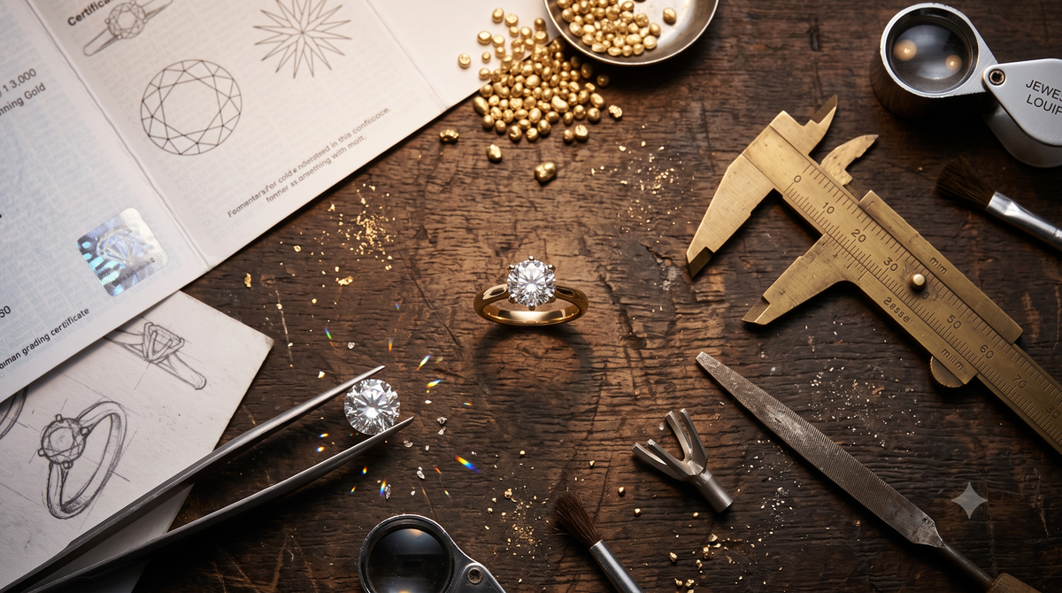 Top-down view of a jeweler’s workbench with a solitaire diamond ring, loose diamond held in tweezers, golden beads, brass calipers, grading certificates, and crafting tools