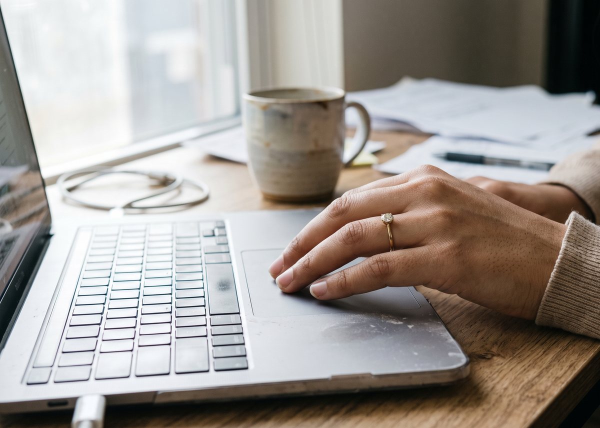 Woman wearing an everyday diamond solitaire ring on her left hand while working on a laptop at a sunlit wooden desk.