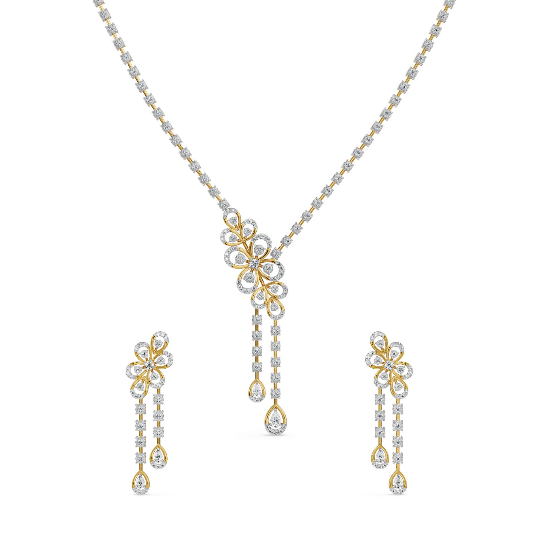 Floral Cascade Lab Grown Diamond Necklace Set - front view
